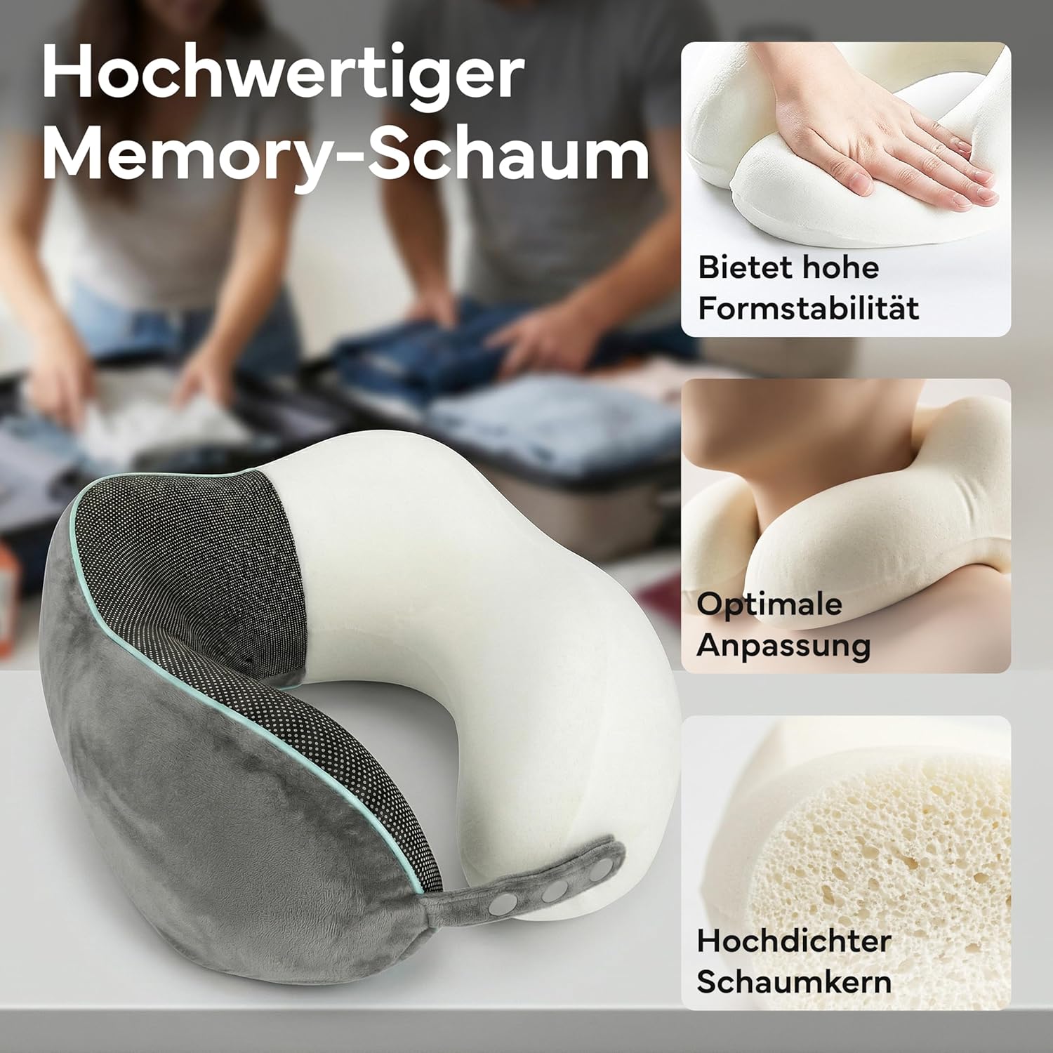 Thumbnail 2 de NEOLYMP Nackenkissen Flugzeug mit Kinnstütze – Memory Foam Reisekissen mit 360° Support, verstellbar 35–48 cm, inkl. Tasche und Kofferband
