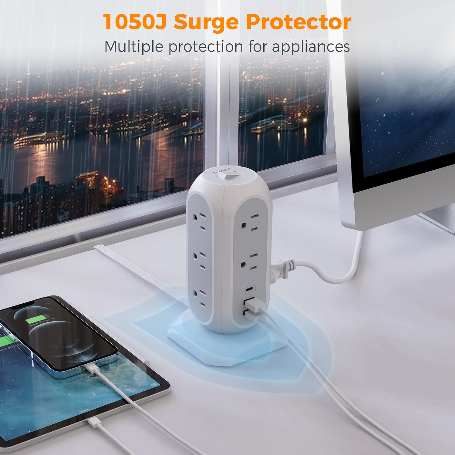 Detalle 2 de TESSAN TPS02-US Tower Power Strip, 11 Outlets, 3 USB Ports, 1050J
