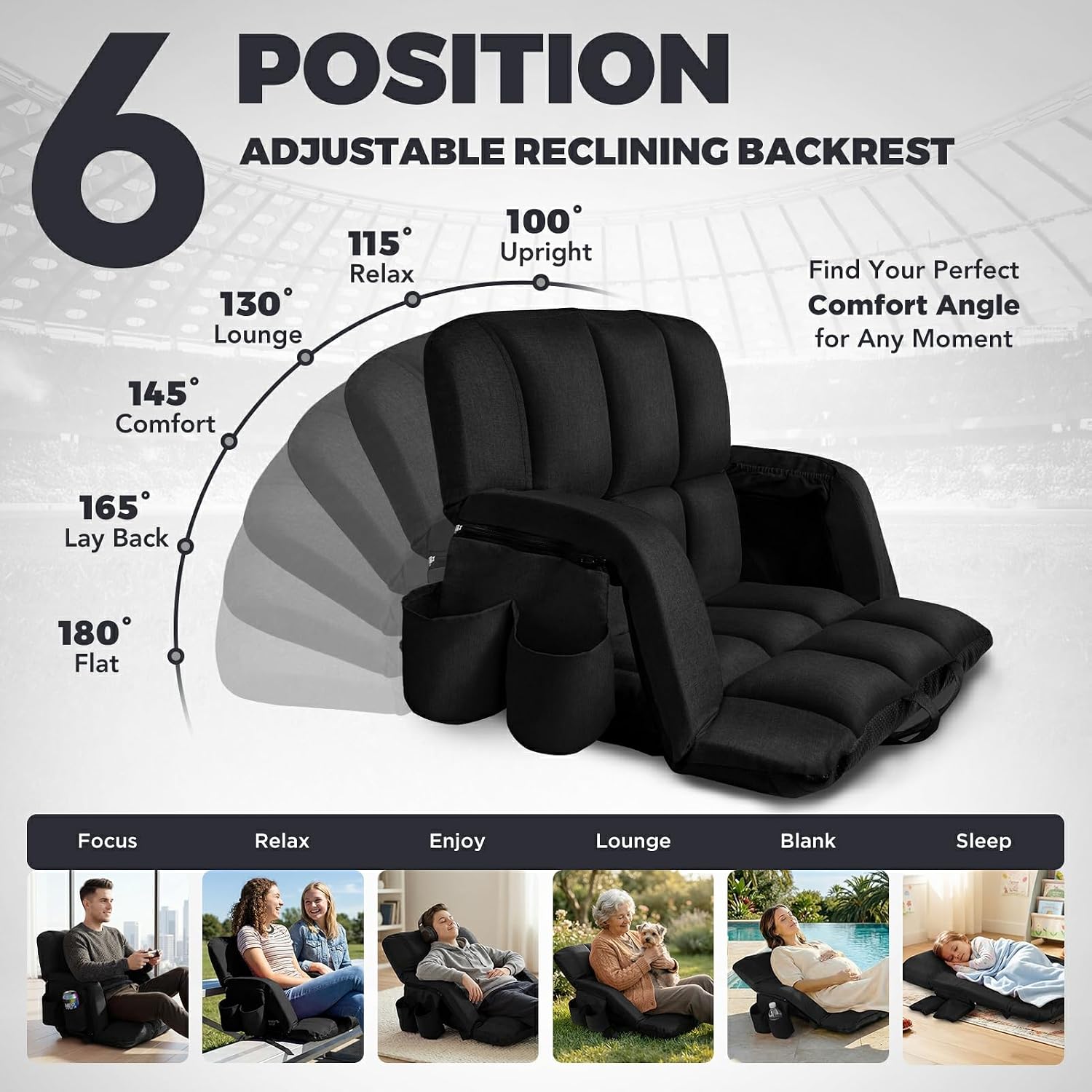 Detalle 2 de yeyeeyyee 1P-25-Black Reclining Stadium Seat, 4.7-Inch Cushion