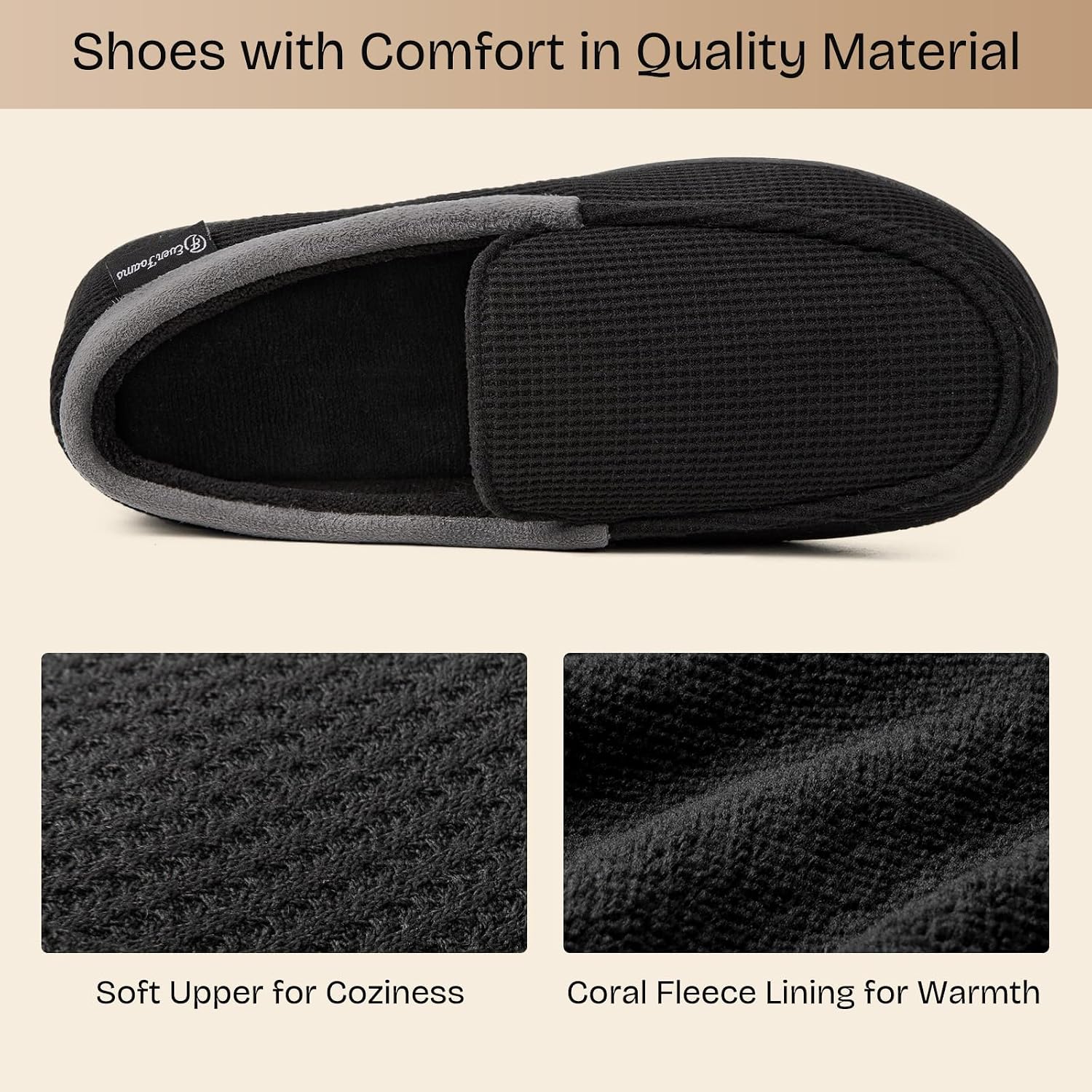 Detalle de EverFoams Men’s Comfort Memory Foam Moccasin Slippers with Breathable Terry Cloth & Anti-Skid Sole