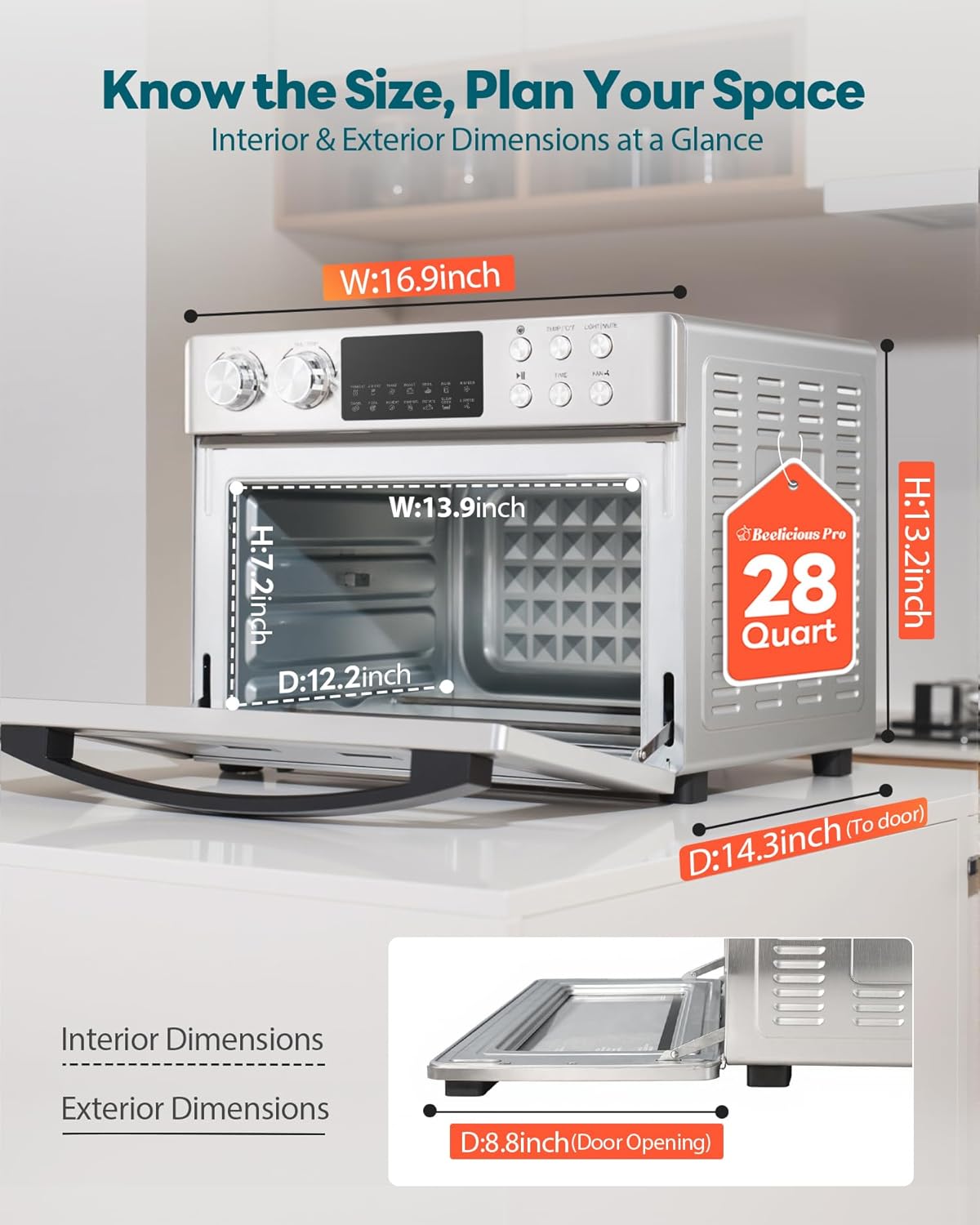 Thumbnail 1 de 28QT Air Fryer Toaster Oven Combo (Large 12-in-1) with Rotisserie, 6 Heating Tubes, Fits 11" Pizza — Stainless Steel