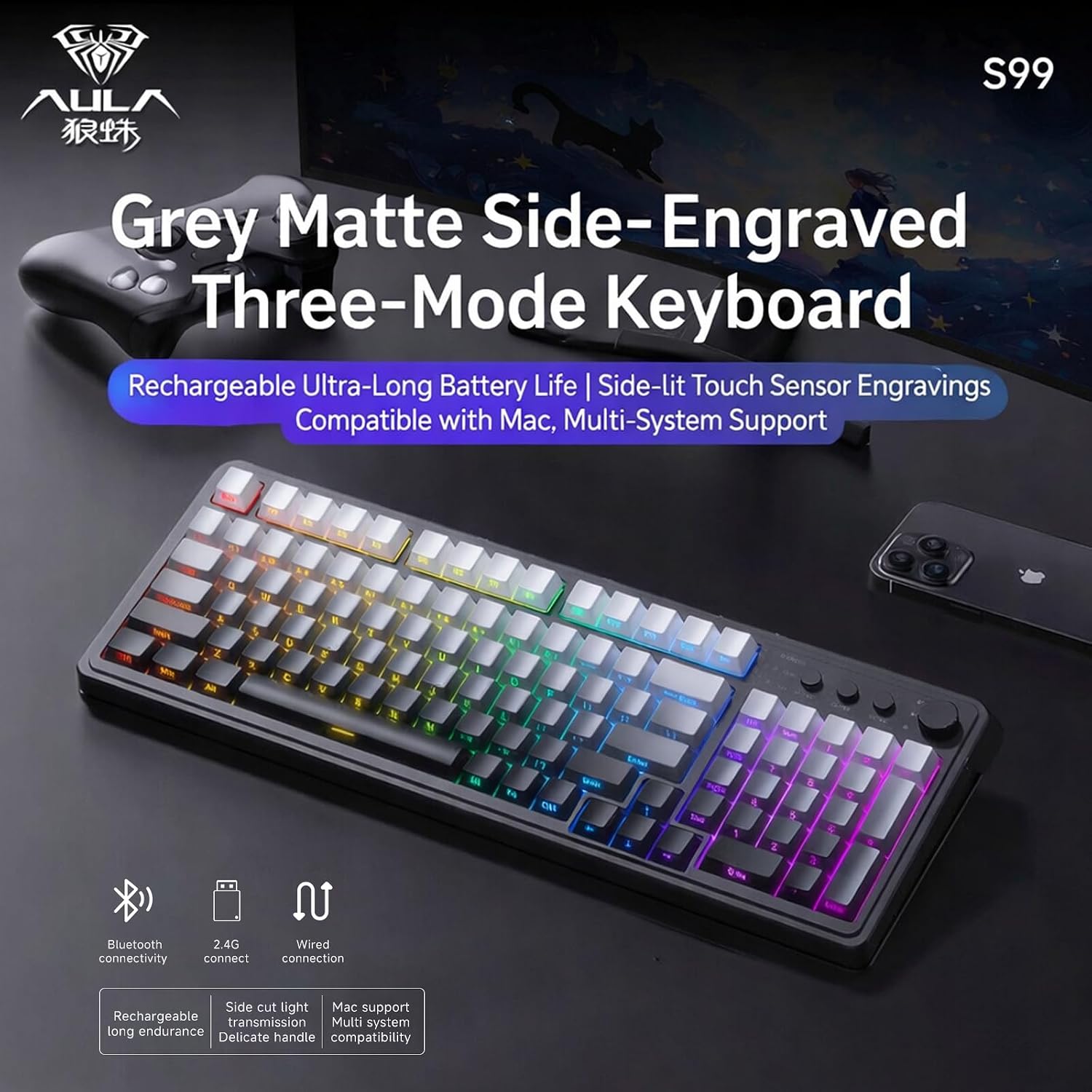 Detalle de AULA S99 Gaming Keyboard: Wireless 96% Keyboard with Rotary Knob, Macro Keys and Numeric Pad (Black)