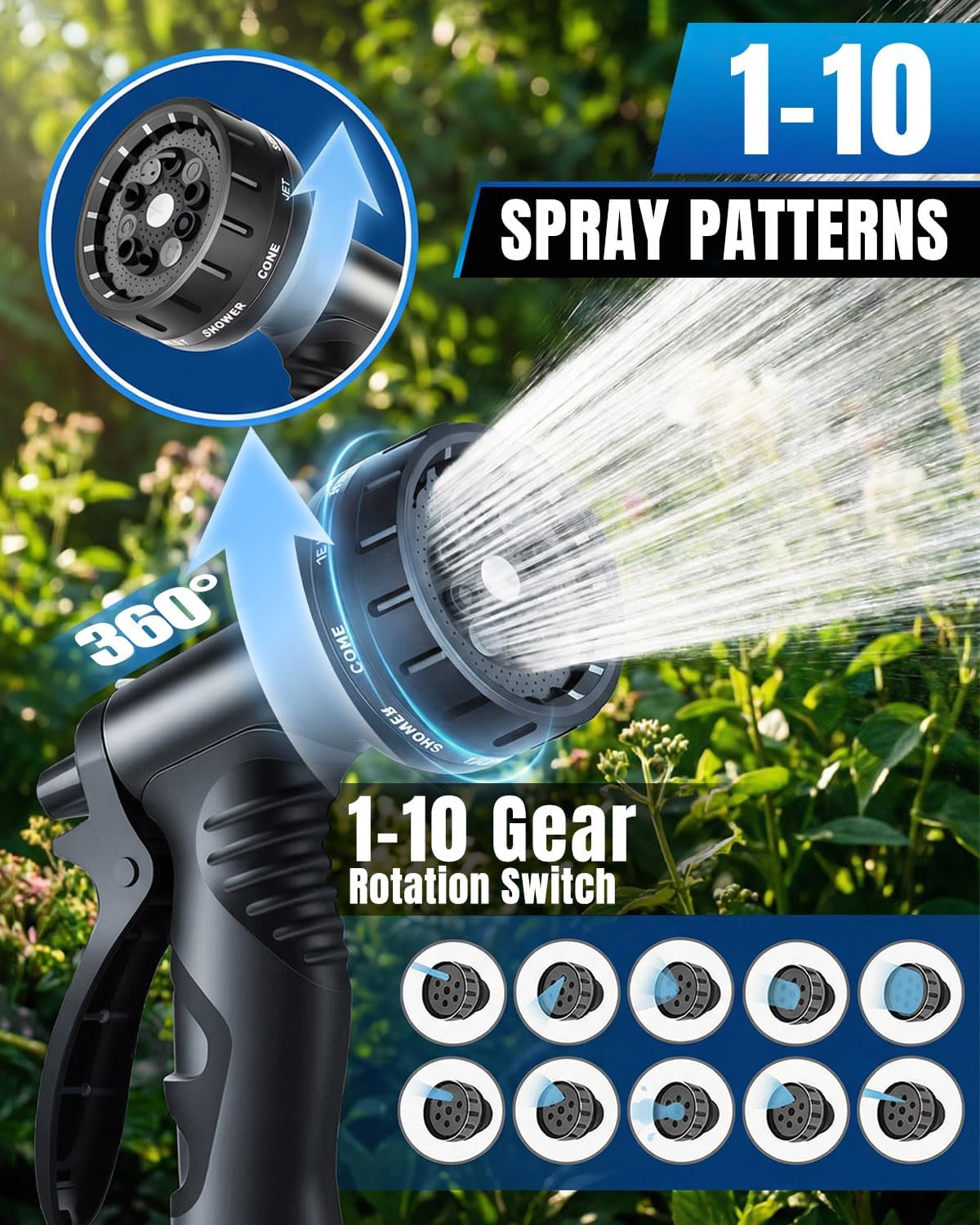 Detalle de 150FT Expandable Garden Hose with 10-Pattern Thumb Control Nozzle and 3/4" & 1/2" Connectors