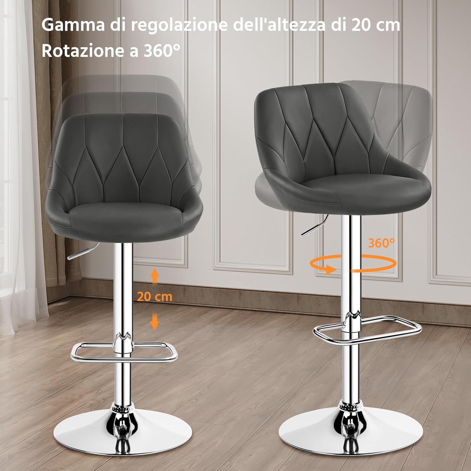 Detalle de Yaheetech Set 2 Sgabelli Bar Alti Regolabili con Schienale Girevole – design moderno in similpelle