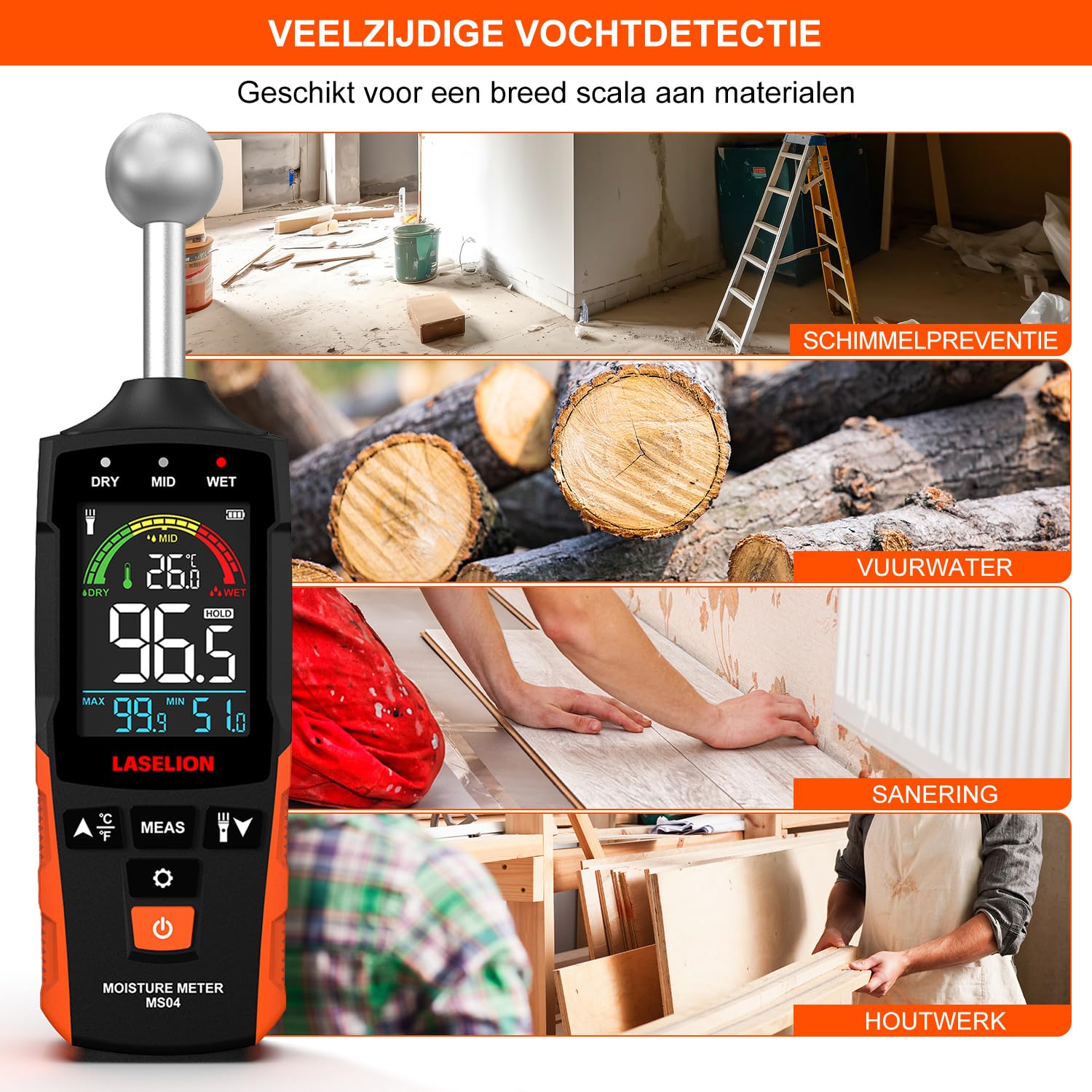 Detalle de LASELION MS04 wandvochtigheidsmeter met kogelsensor en instelbaar vochtalarm