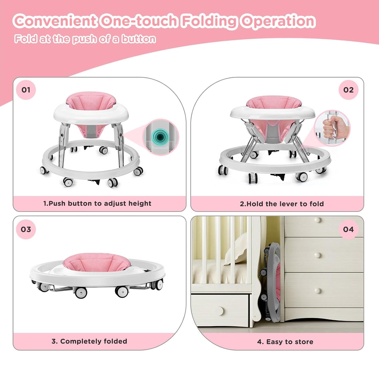 Detalle de Ansha Baby Pink Baby Walker with One-Touch Folding, Height Adjustment and Brake