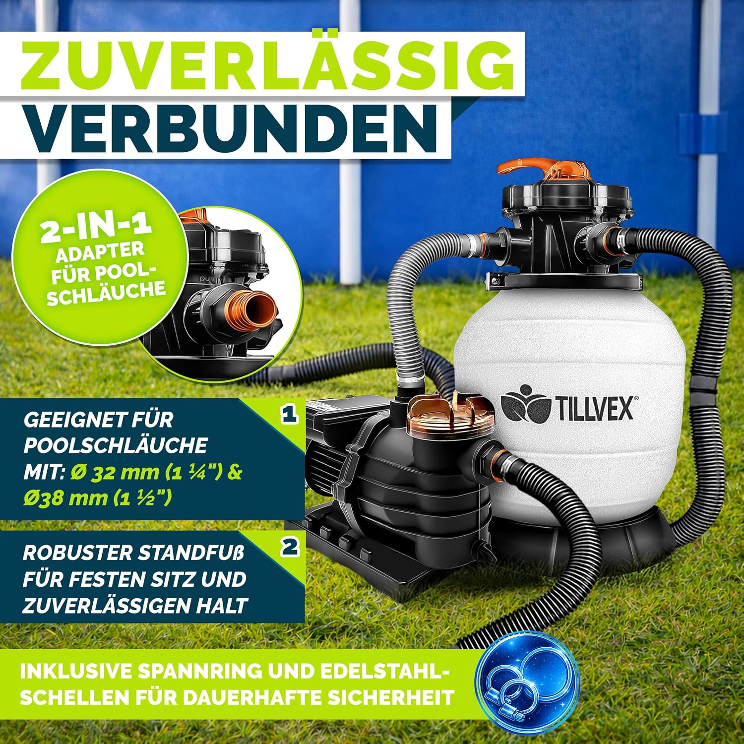 Detalle de tillvex® Sandfilteranlage für Pool bis 40.000 L – 13.200 L/h mit 7-Wege-Ventil, Ø32/38 mm & Filterbällen