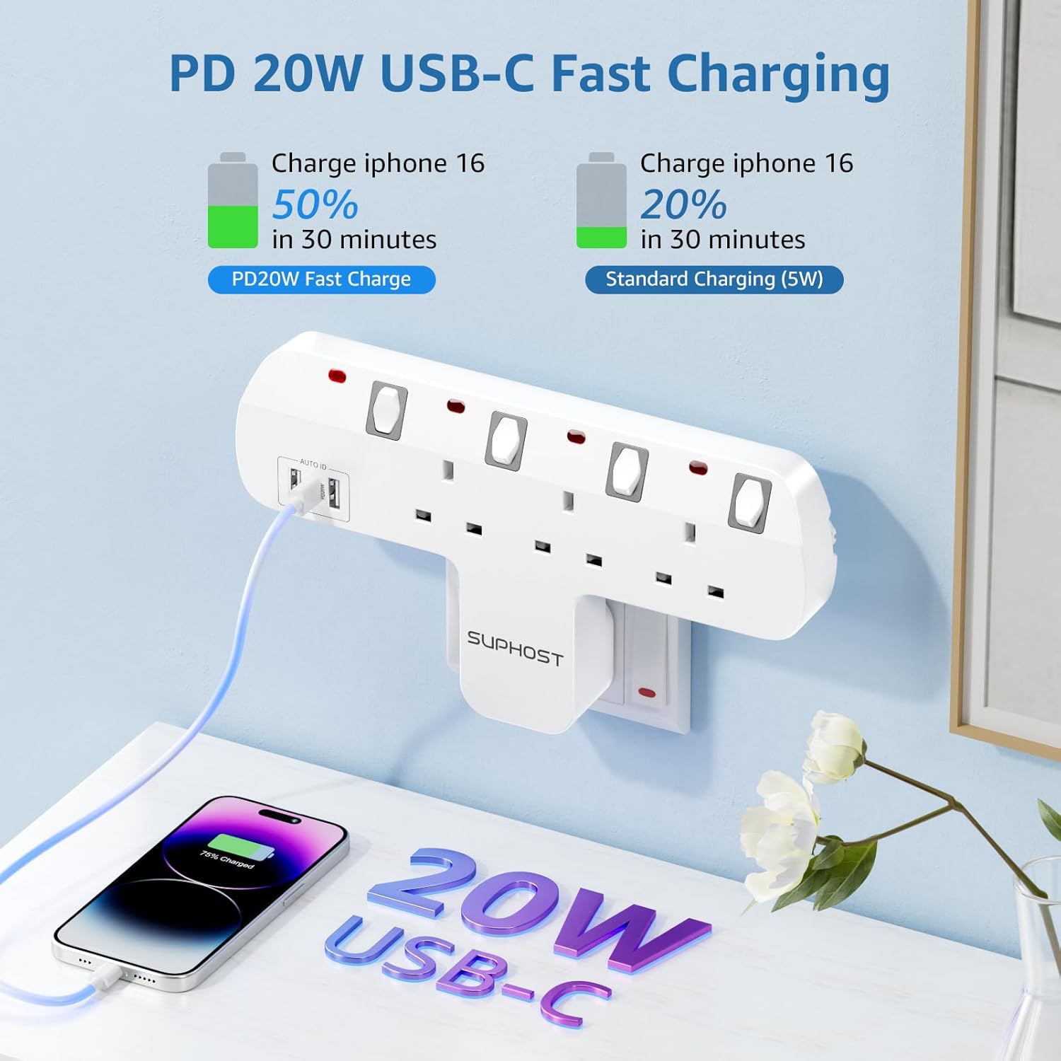 Thumbnail 4 de Rotatable UK Plug Extension Socket 3 Way
