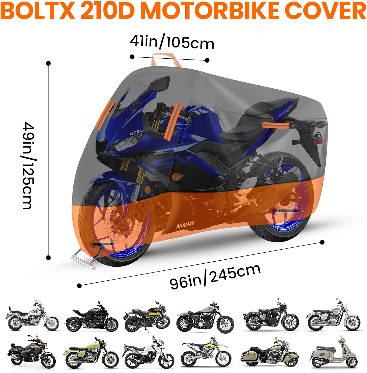 Thumbnail 1 de Motorbike Cover Waterproof, Heavy Duty 210D Polyester with 2000Pa Protection and Reflective Strips