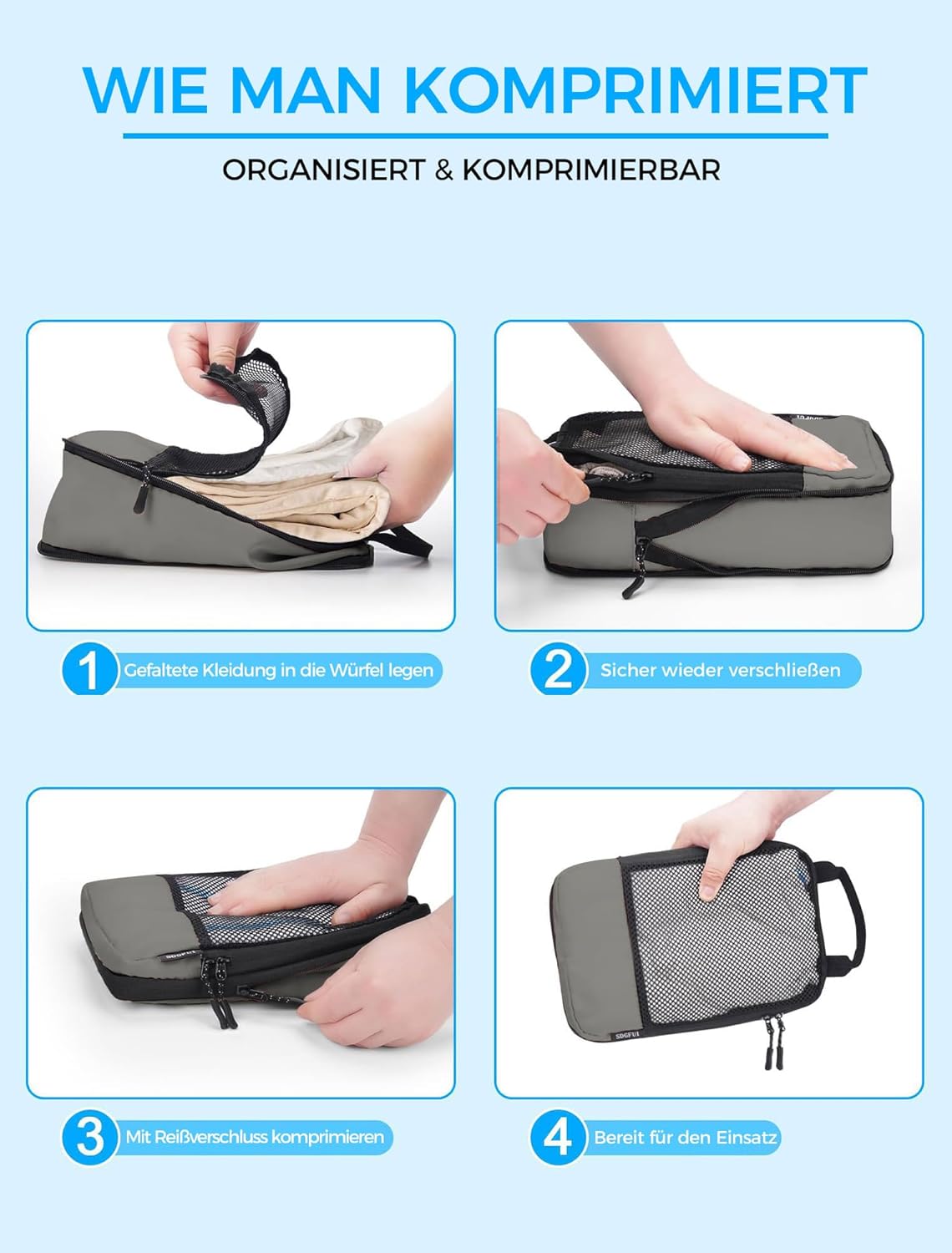 Detalle de BAGLHER Packwürfel Kompression für die Reise – leistungsstarkes 4‑teiliges Set mit wasserdichten Packtaschen in Grau