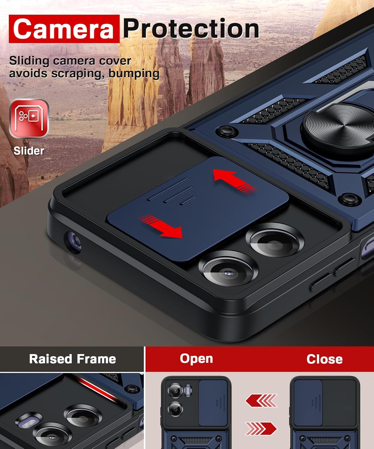 Thumbnail 3 de LeYi rugged phone case for Motorola Moto E15 4G / GO5 with sliding camera cover, ring stand & 2 screen protectors (Blue)