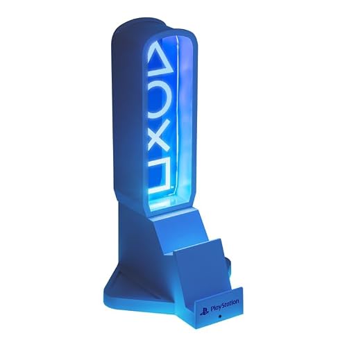 Detalle de Paladone PlayStation 3-in-1-Kopfhörerständer und Tech-Ladestation mit Controller-Halterung, RGB-Lichtpanel und 2 USB-C-Anschlüssen – offiziell lizenziert