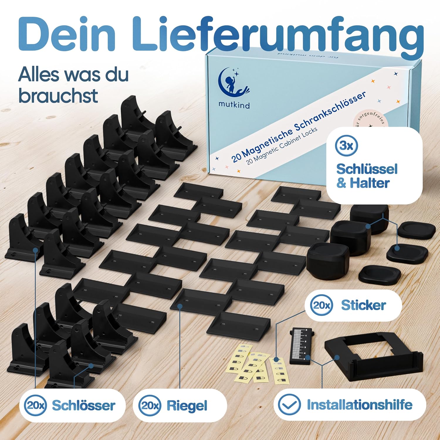 Detalle de MUTKIND® 20x Magnetische Kindersicherung mit starkem TESA-Kleber + 3 Schlüssel – unsichtbar, ohne Bohren