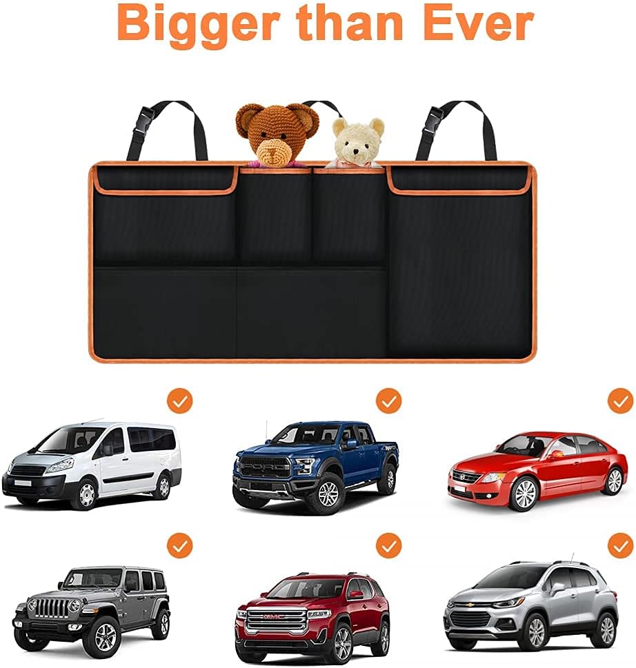 Detalle de URAQT Organiseur de Coffre de Voiture – Grand modèle 100 x 45 cm, 6 poches et fixation sécurisée