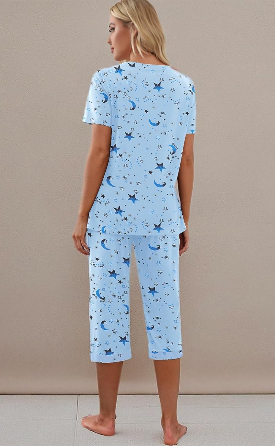 Thumbnail 5 de PrinStory Women's Pajama Set Short Sleeve Shirt and Capri Pants Sleepwear with Pockets