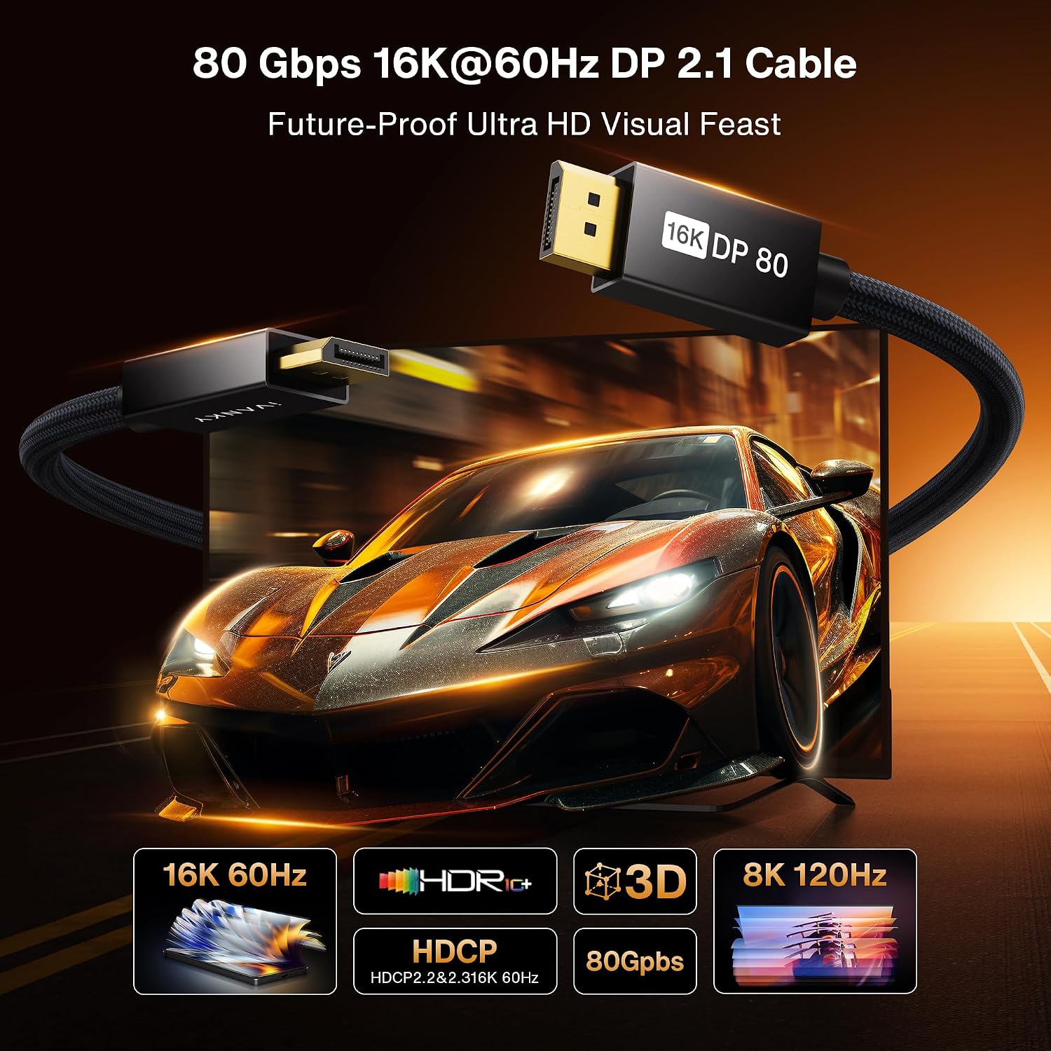 Detalle de IVANKY 16K DisplayPort 2.1 Cable 10FT