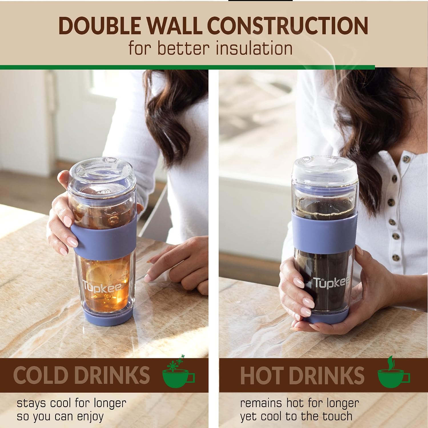 Thumbnail 5 de Tupkee 14 oz Double-Wall Glass Travel Cup with Hand-Blown Borosilicate, Lid & Silicone Sleeve (Jacaranda)