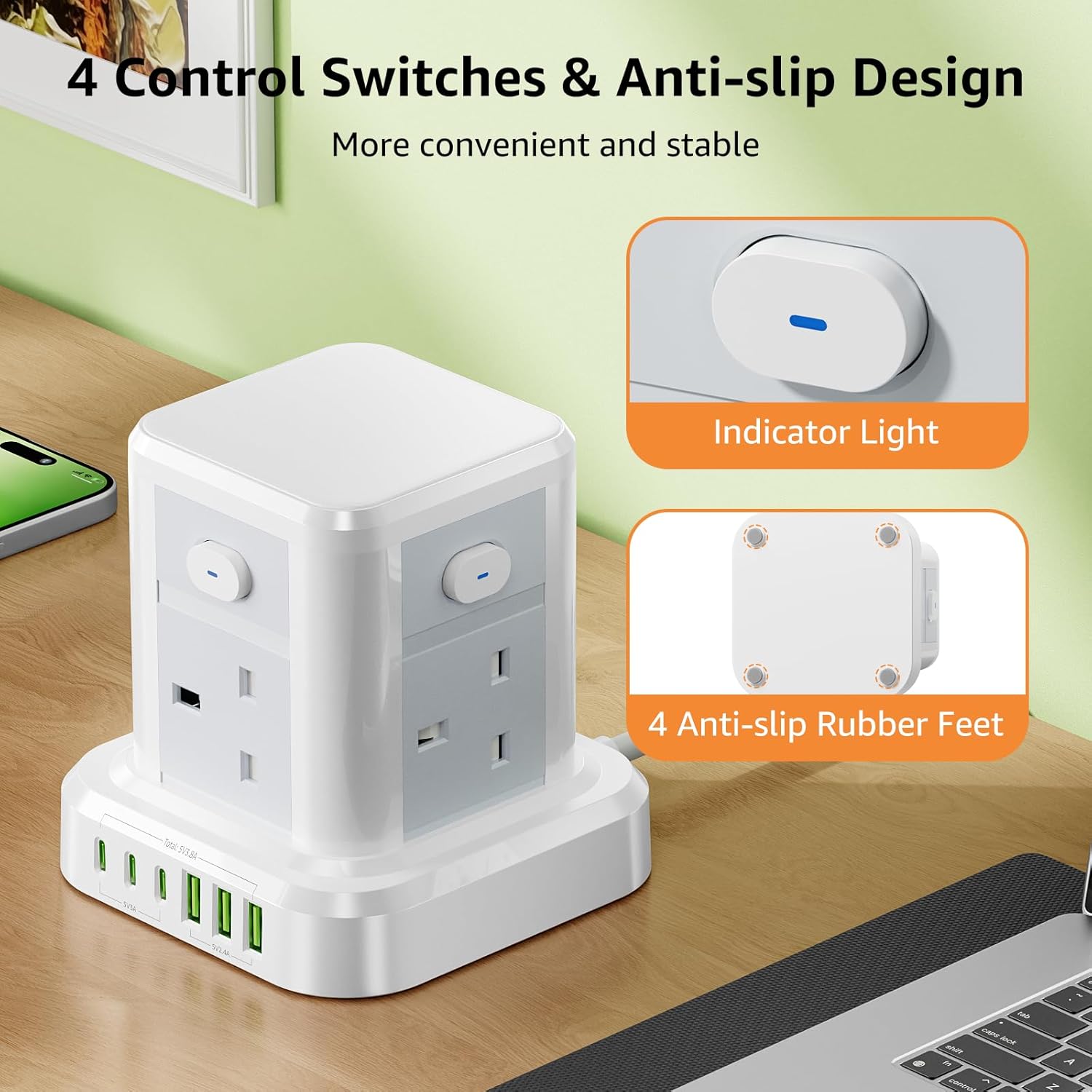 Thumbnail 5 de Cube Extension Lead with USB Slots: 4-Sided Tower Power Strip with 4 AC outlets and 6 USB ports