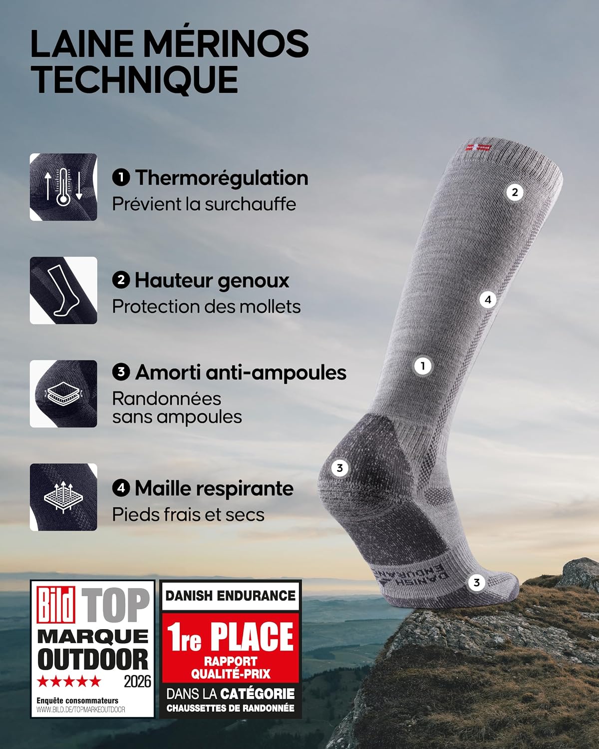 Detalle de Danish Endurance chaussettes randonnée laine mérinos