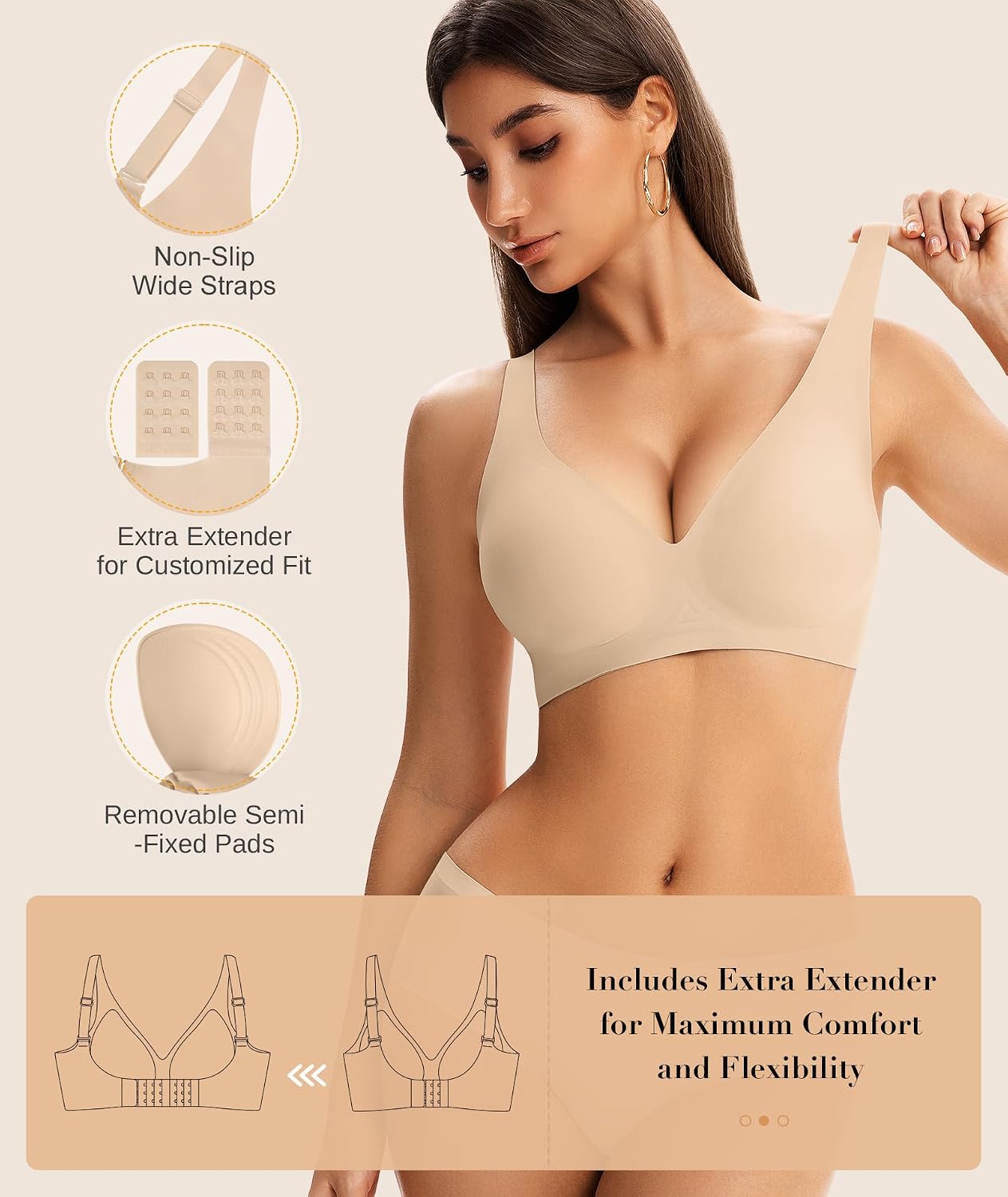 Detalle 1 de SIMIYA Jelly Wireless Seamless Bra, Convertible U-Back/Crossback