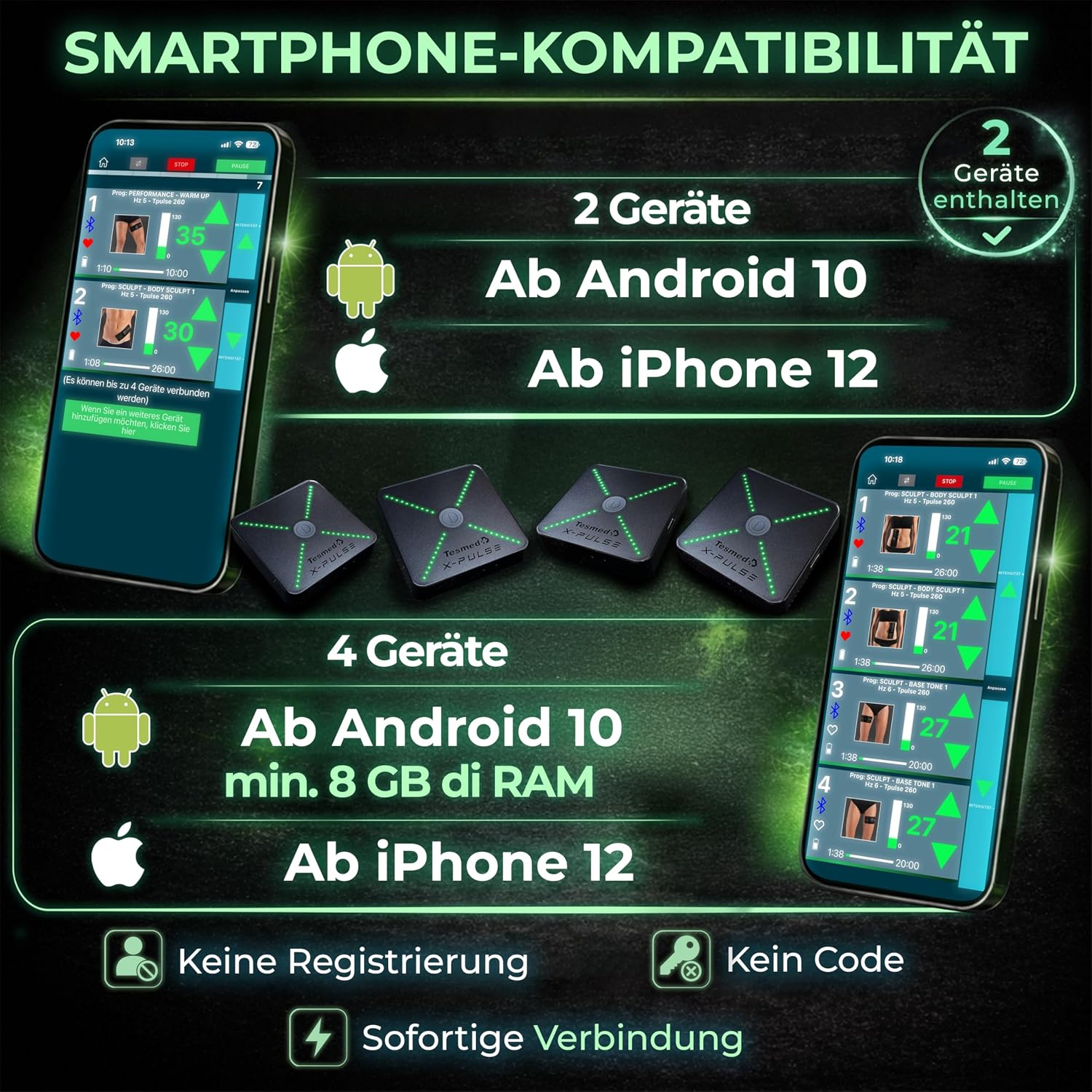 Detalle de TESMED X-Pulse Wiederaufladbarer kabelloser EMS-Muskelstimulator – 2 Geräte, App-Steuerung, 130 Intensitätsstufen