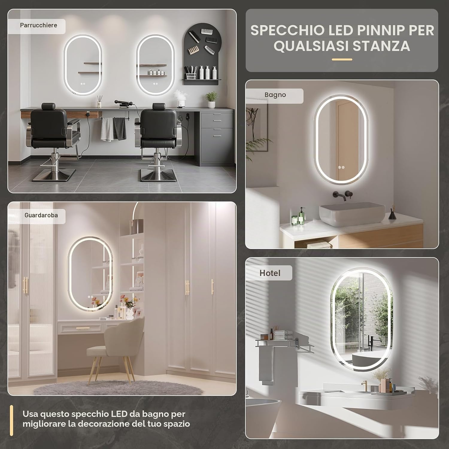 Thumbnail 5 de PINNIP Specchio Bagno con Luce LED Ovale da Parete 80 x 50 cm – Antiappannamento, Dimmerabile e Vetro Temperato