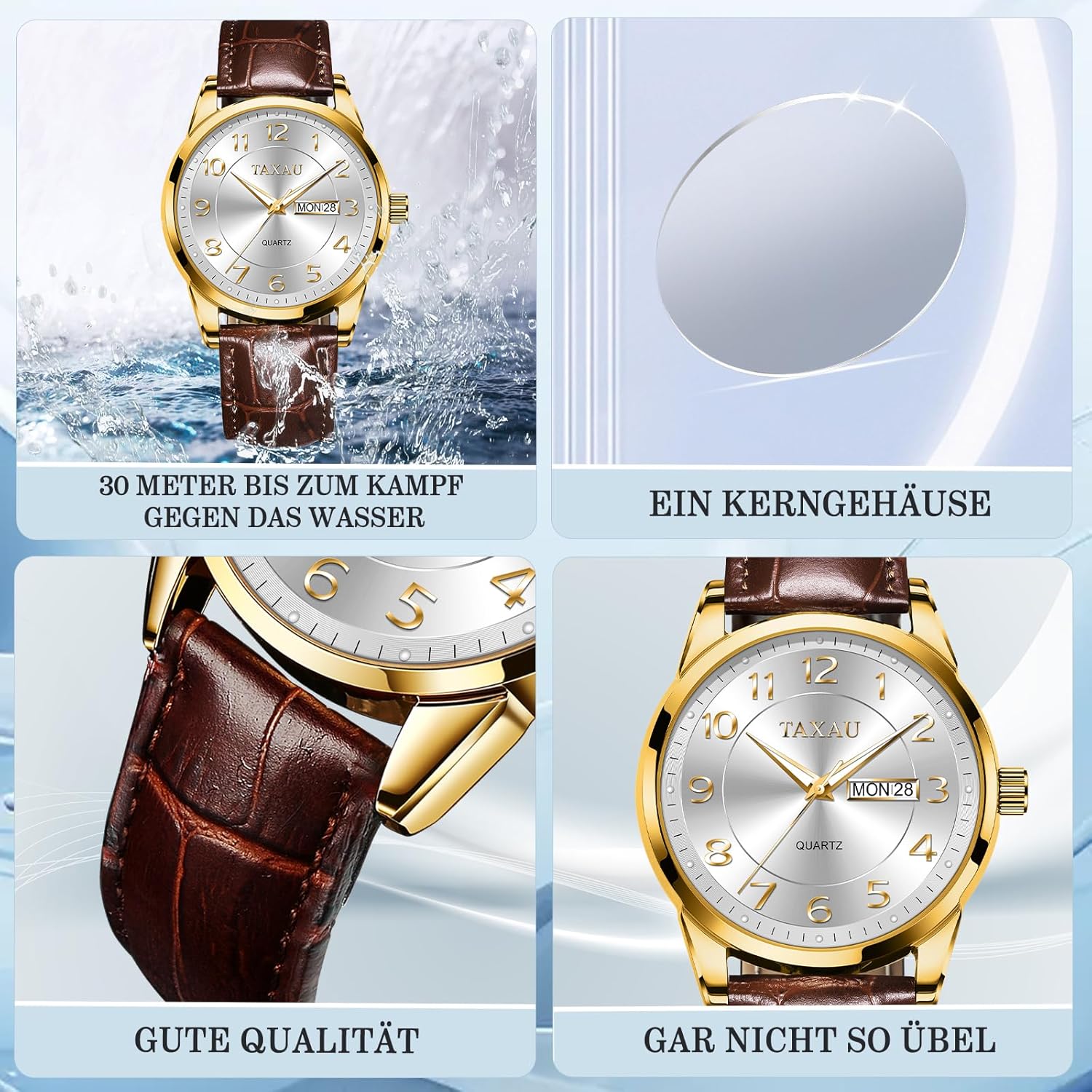 Detalle de Taxau Herren Armbanduhr Chronograph, wasserdicht, Lederband, Datum – Leuchtendes Zifferblatt