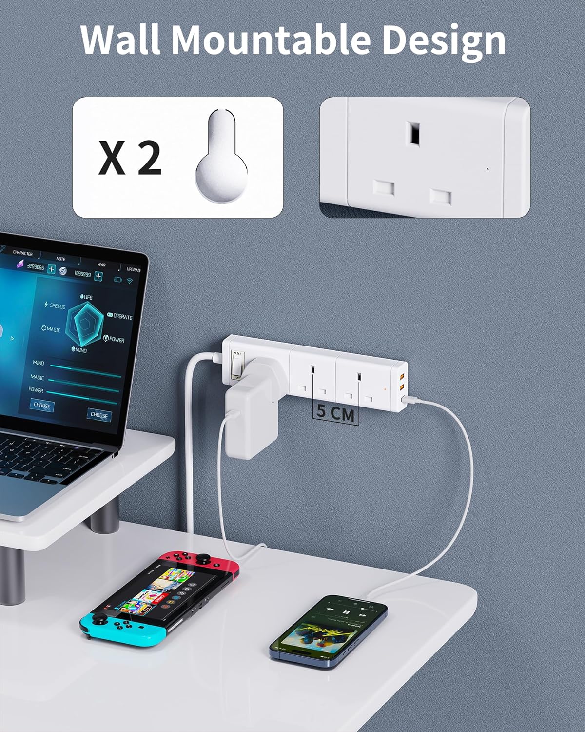 Thumbnail 6 de Extension Lead with USB Slots: 3-Gang Power Strip with 2 USB-A and 1 USB-C, 1.2m Cable