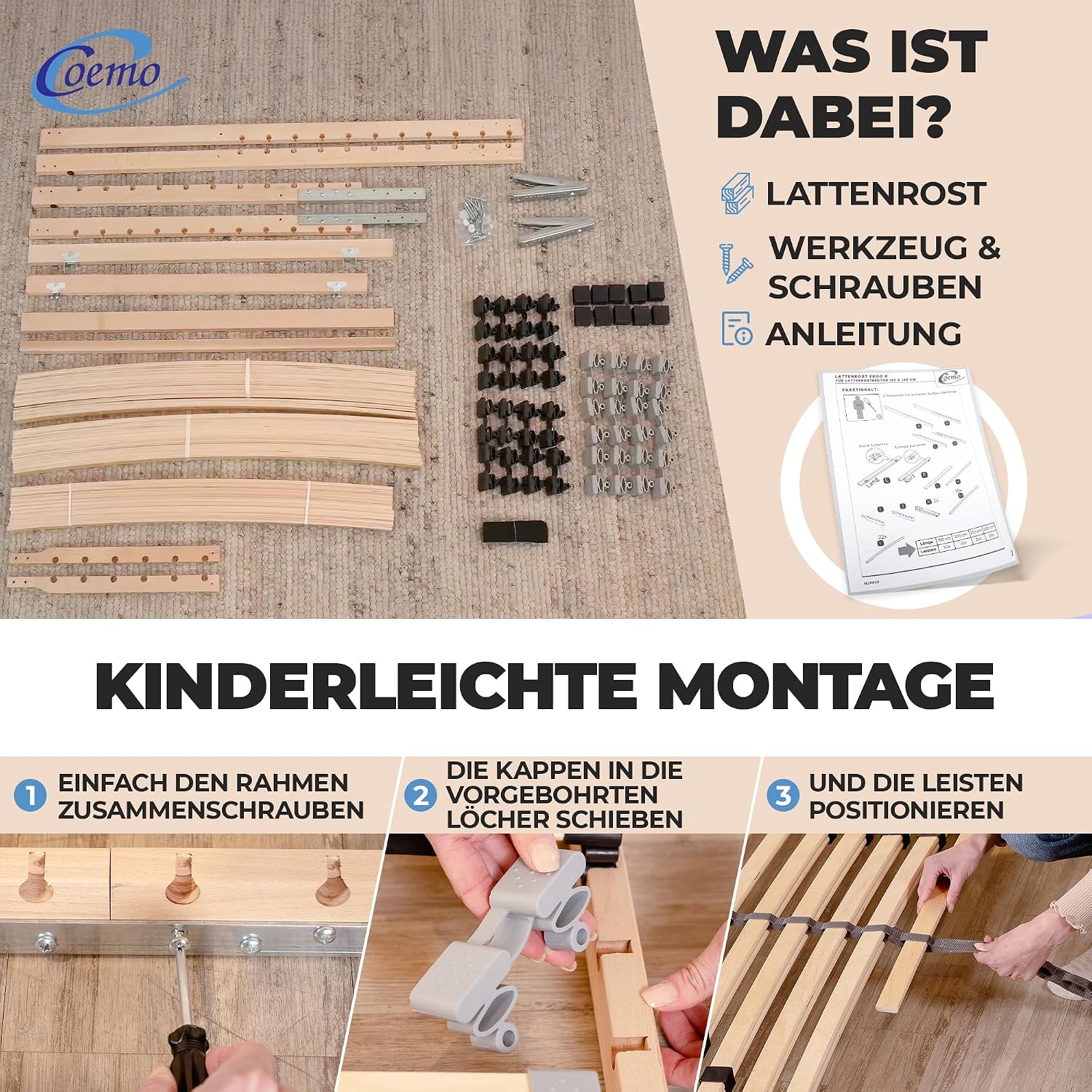 Thumbnail 3 de Coemo 7-Zonen Lattenrost Ergo 140x200 – Verstellbares Kopfteil, Birke/Buche-Rahmen, 28 Federleisten, Made in Germany