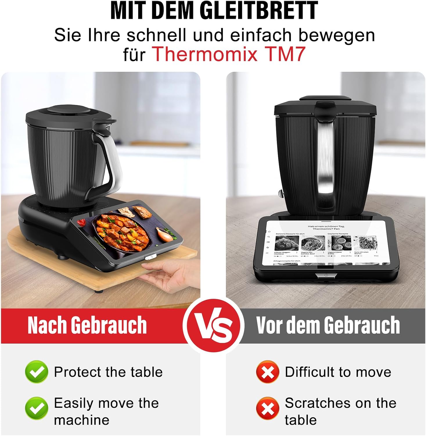 Thumbnail 4 de Bambus Gleitbrett für Thermomix TM7 mit 360° Rollen – müheloses Verschieben, rutschfest & stilvoll