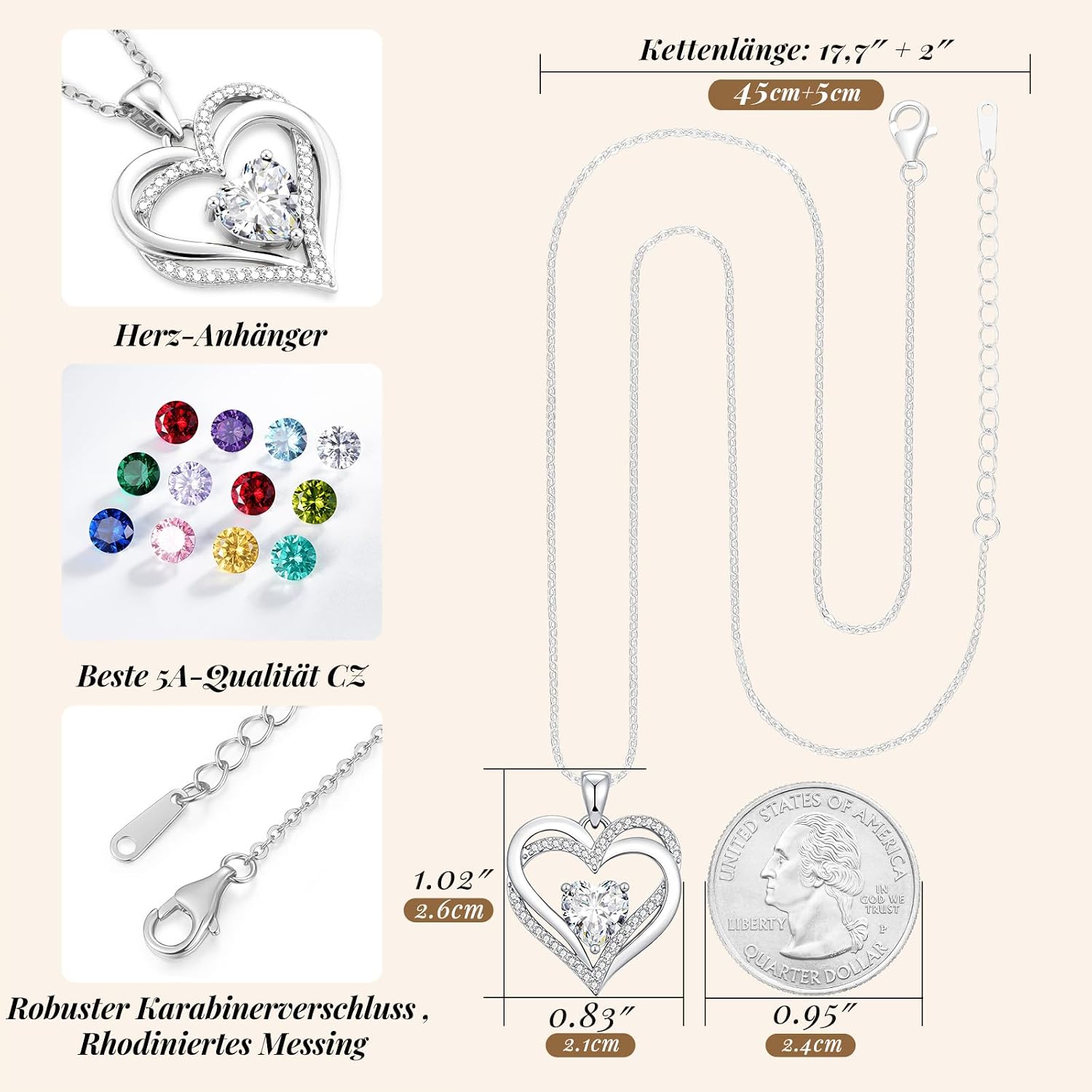 Detalle de CDE Kette Damen Herzkette 925 Sterling Silber mit Geburtsstein – Herz Anhänger, wechselbare Kette