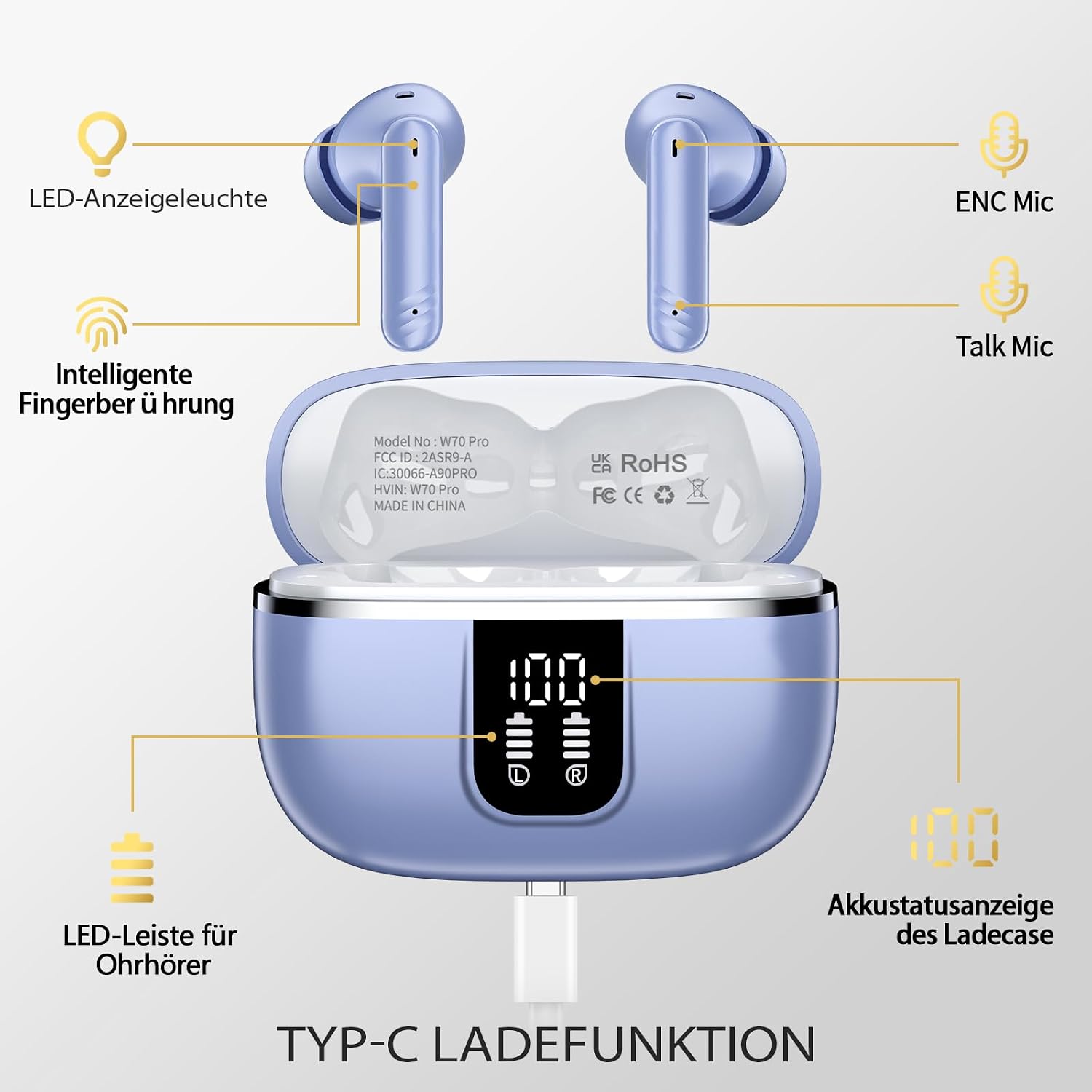 Detalle de W70 Pro In-Ear Bluetooth Kopfhörer – 46 Stunden Akku, Bluetooth 5.4, IPX7, HiFi-Sound