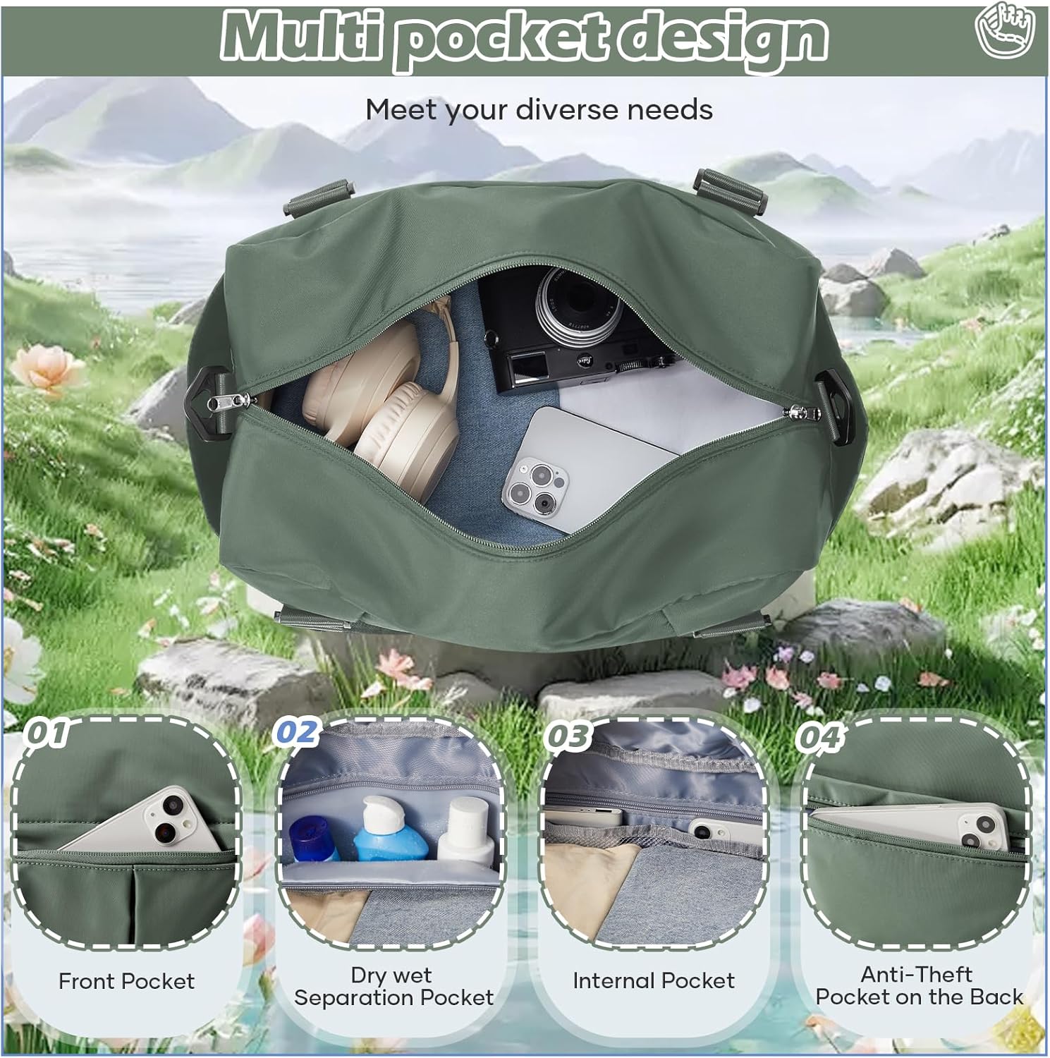 Thumbnail 3 de Reisetasche Damen Sporttasche 40x20x25 cm – Handgepäck 20 Liter, wasserdichte Nassfach, Nylon, B03-Armeegrün