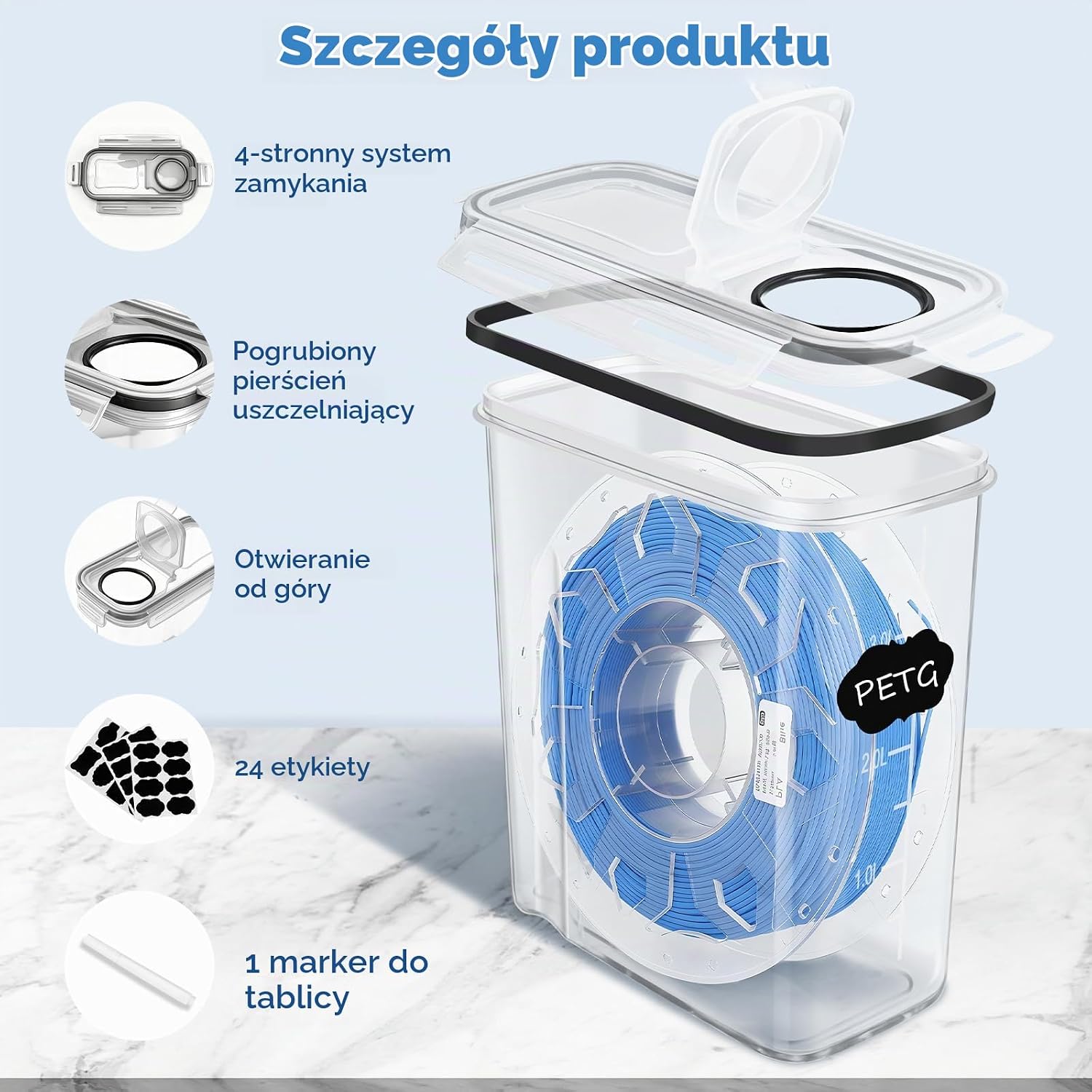 Detalle 2 de Wiseten – 4 pojemniki na filament 3D, 4 l, silikonowa uszczelka