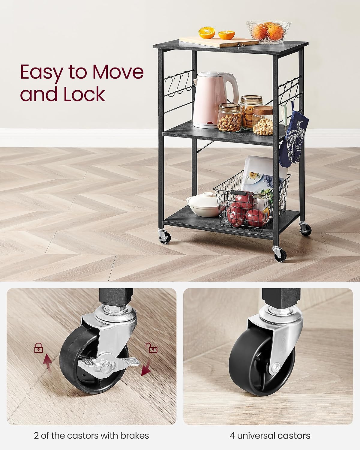 Thumbnail 6 de VASAGLE BARNET KKS060B42 3-Tier Kitchen Trolley with Wheels and Six Hooks