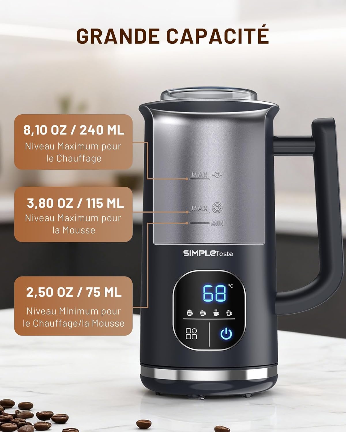 Detalle de SIMPLETASTE Mousseur à Lait Électrique 4-en-1: mousse chaude/froide et latte prêt en 2 minutes