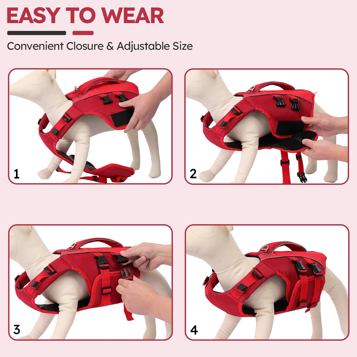 Detalle de Queenmore Large Dog Life Vest: Reflective, Adjustable & Easy Rescue Handle (XXL, Red)