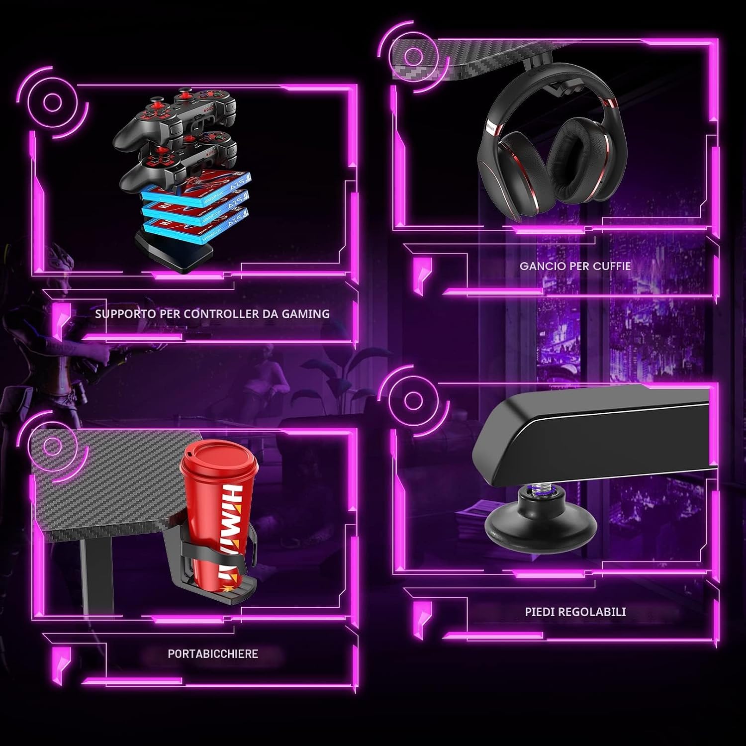 Detalle de Himimi Scrivania Gaming 160x75 cm: stabile, spaziosa e ben accessoriata