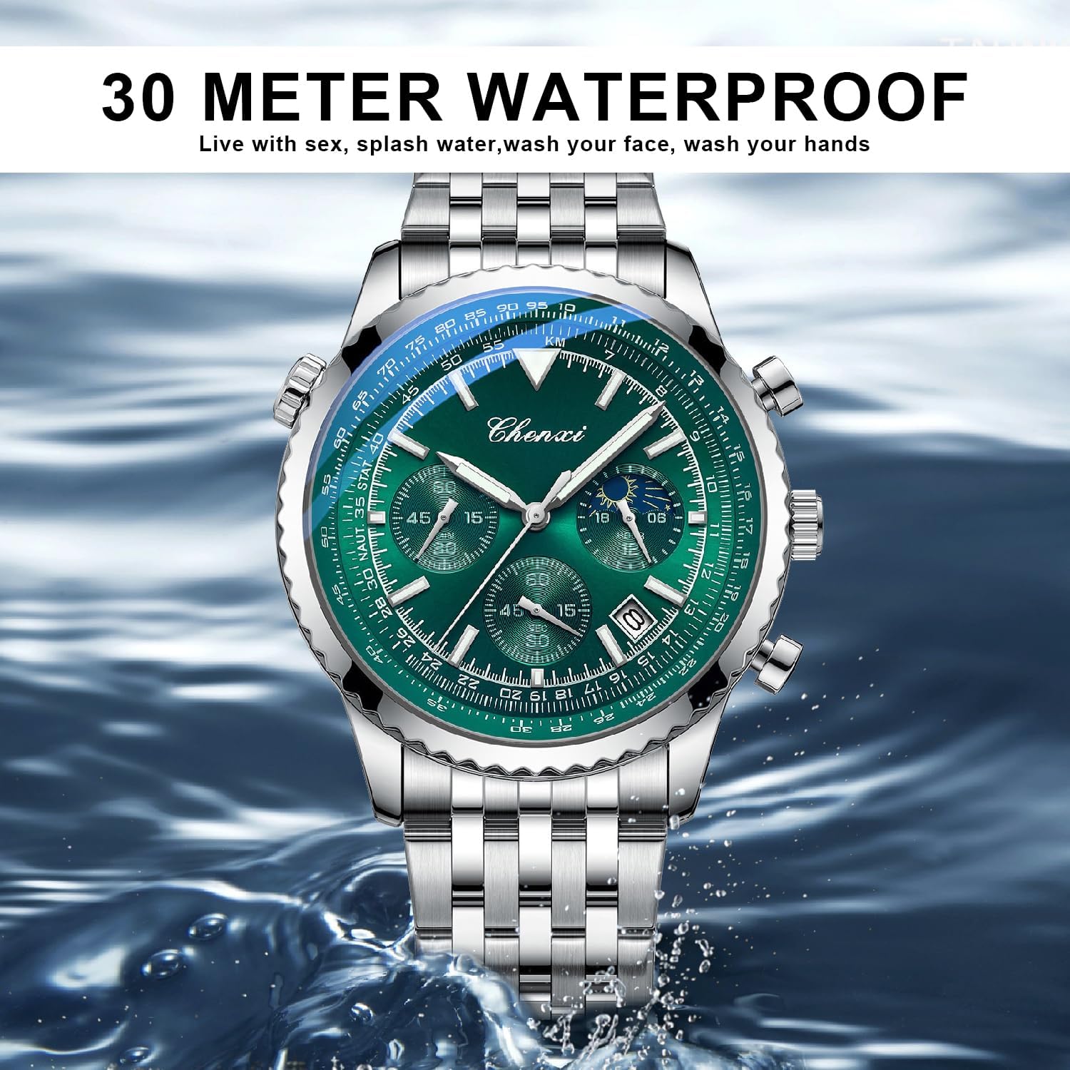 Detalle 2 de Tiong Herren Business Chronograph – Edelstahl & Lederarmband mit Mondphase, Sechshänder, wasserdicht und Leuchtziffern