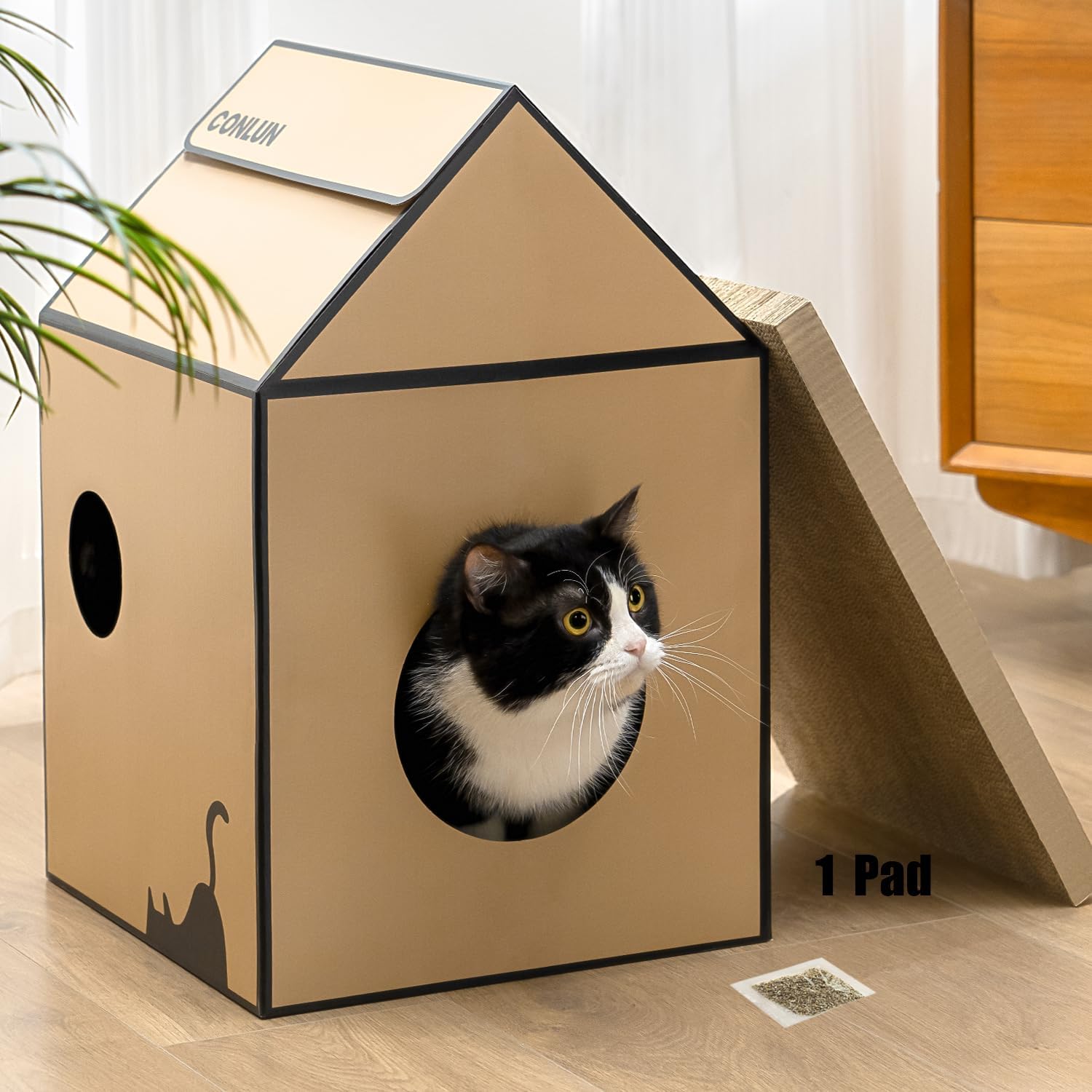 Detalle de 2-in-1 Cat House with Corrugated Scratching Board: Indoor Cave and Scratcher in 2 Sizes