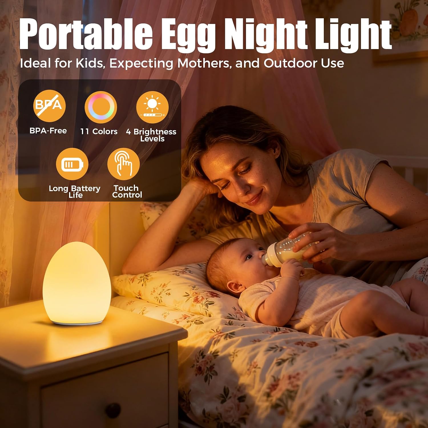 Detalle de Harmobub Silicone Egg Night Light, 11 Colors, Touch Control, USB-C Charging