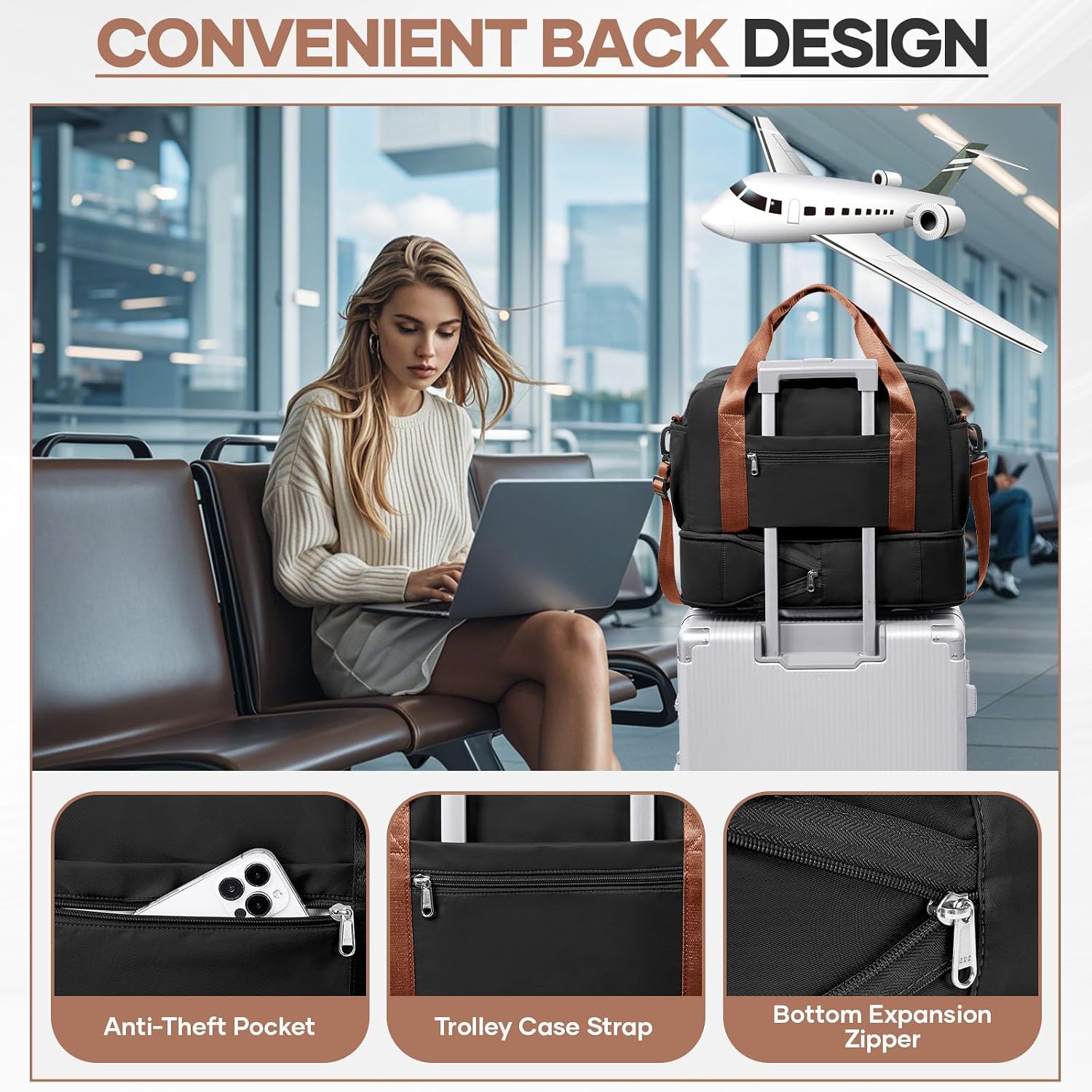 Thumbnail 6 de HPLQQ Ryanair underseat cabin bag 40x30x20L weekend holdall with wet pocket, shoe compartment (F3 Black Brown)
