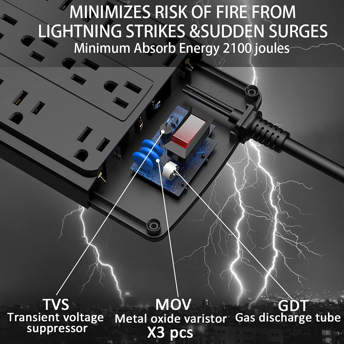 Detalle de POWSAV 18-Outlet Surge Protector Power Strip (6-Foot Flat Plug, 4 USB) — ETL Listed