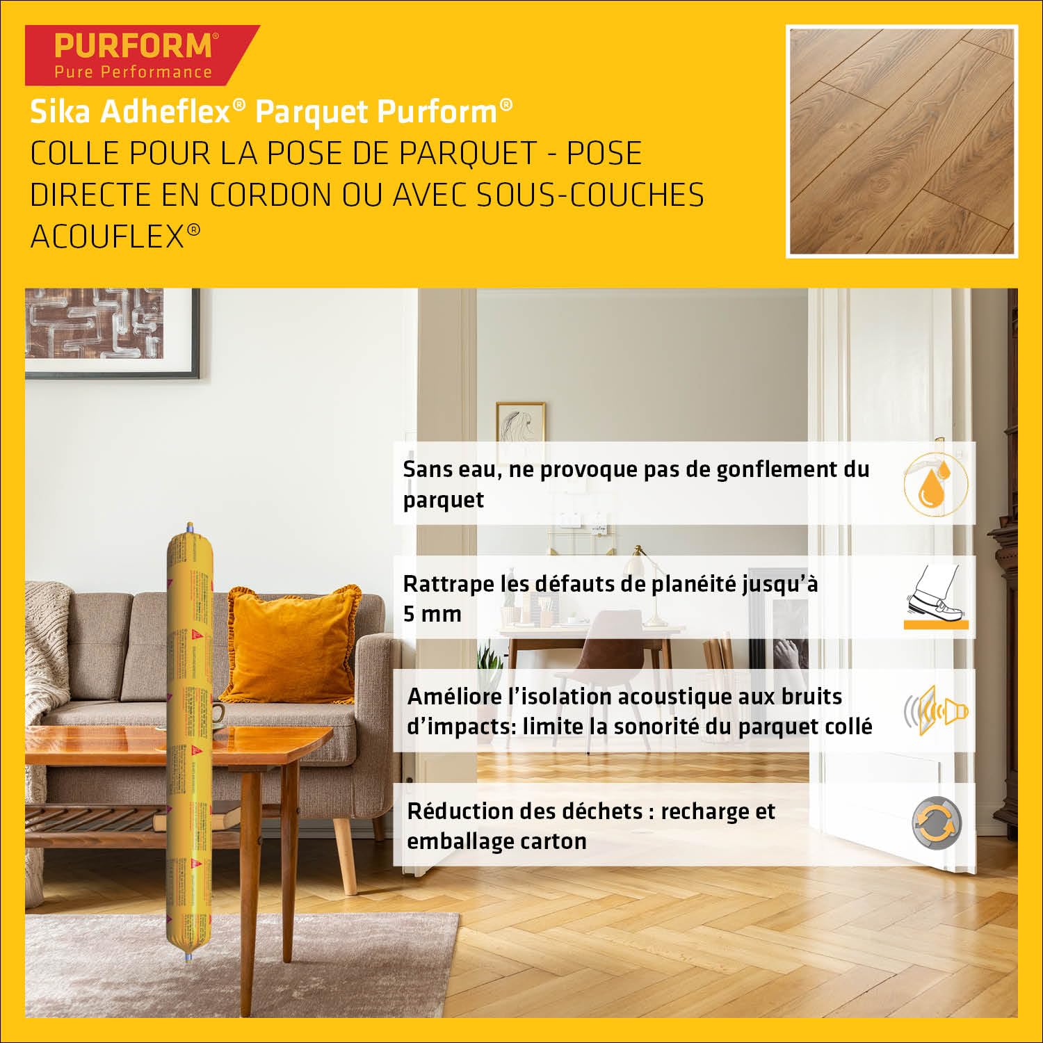 Thumbnail 2 de Sika Adheflex Parquet PURFORM : colle parquet multi-support, 600 ml