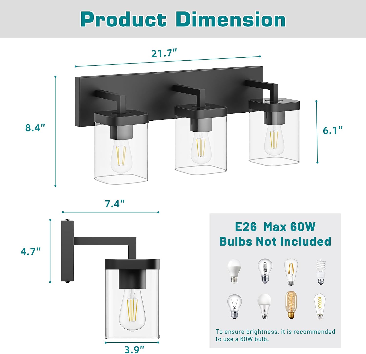 Detalle de Danshinro 3-Light Bathroom Vanity Light, Black Metal with Glass Shades