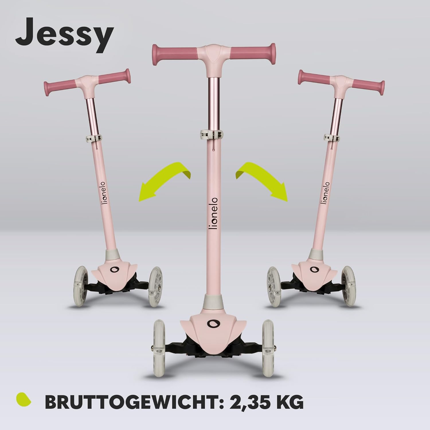 Detalle de LIONELO Jessy Premium Dreirad-Kinderroller mit LED-Rädern – höhenverstellbar, sicher & faltbar