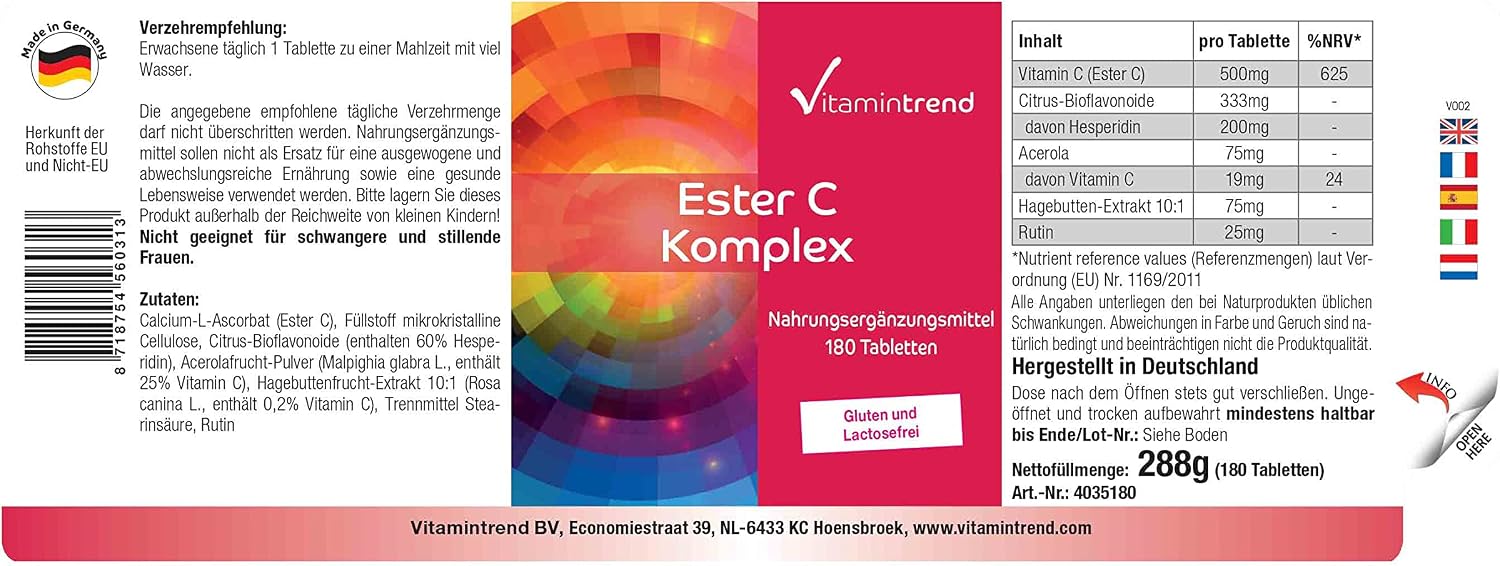 Detalle de Vitamintrend Ester C Komplex: 180 Tabletten, vegane Vitamin-C-Nahrungsergänzung aus Deutschland