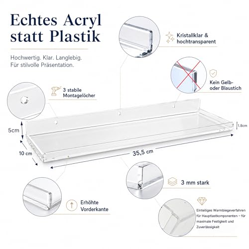 Detalle de AJIEQAQ 4 Stück Schweberegal Transparent – Acryl Wandregal 35,5 cm, Tragkraft bis 9 kg