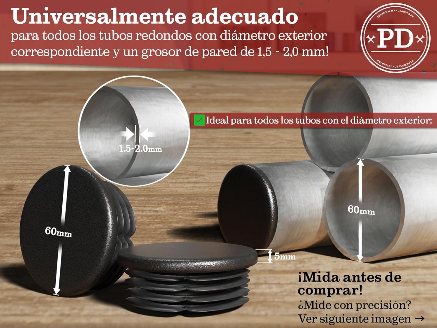 Detalle 2 de PD® Tapones Redondos 60mm para Tubo en Plástico PE Negro (4 piezas)