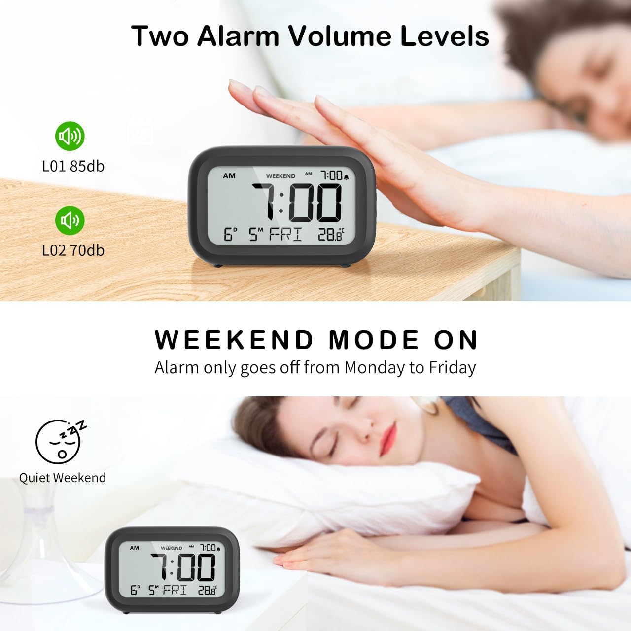 Thumbnail 2 de DOOMAY Digital Alarm Clock Bedside – Battery-Powered, LCD Display with Snooze and Weekend Mode